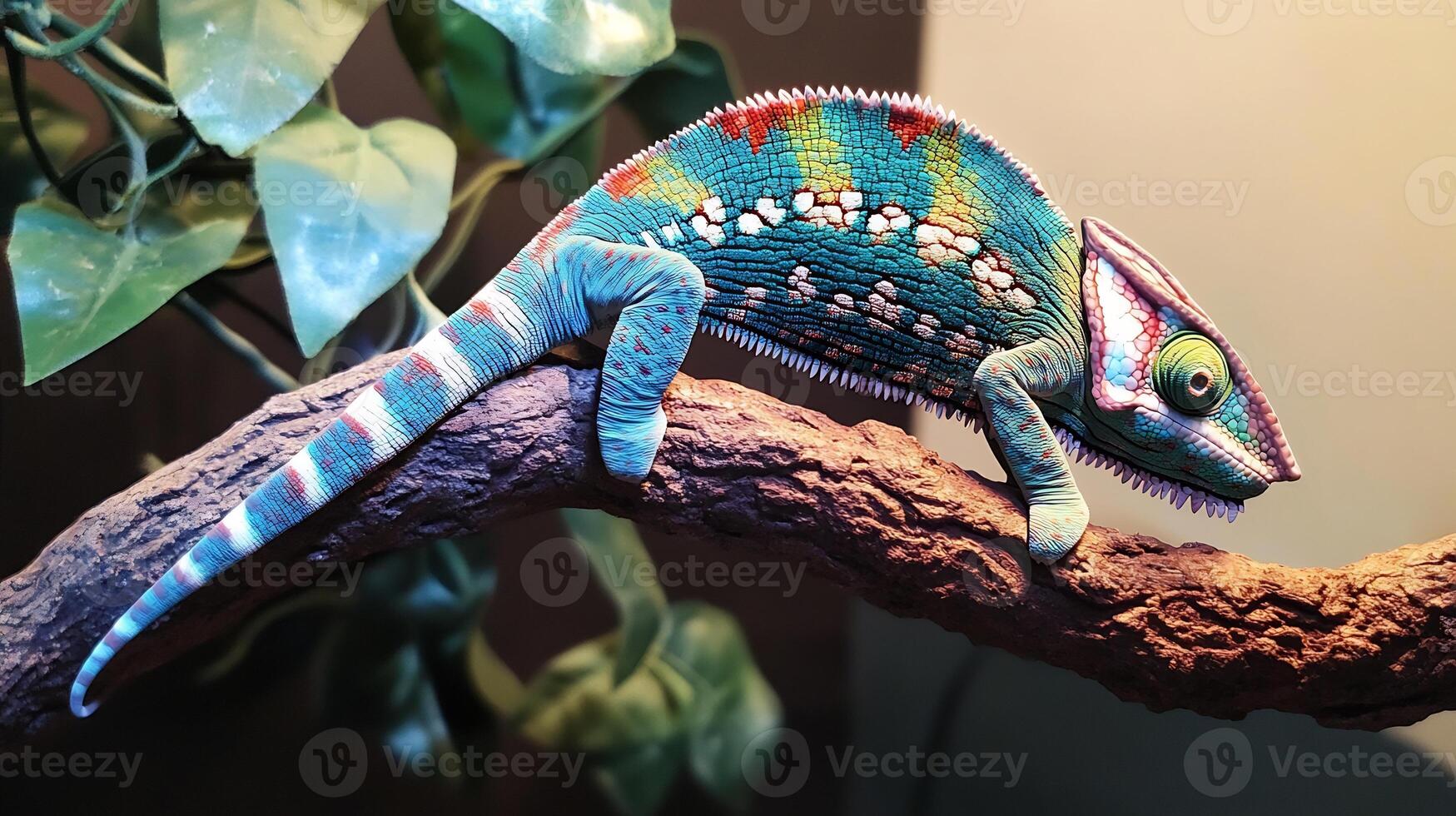 Chameleon Chamaeleo calyptratus phylum Chordata class Reptilia order Squamata family Chamaeleonidae blending into tree branch showcasing vibrant color transitions adaptive camouflage forest habitats photo