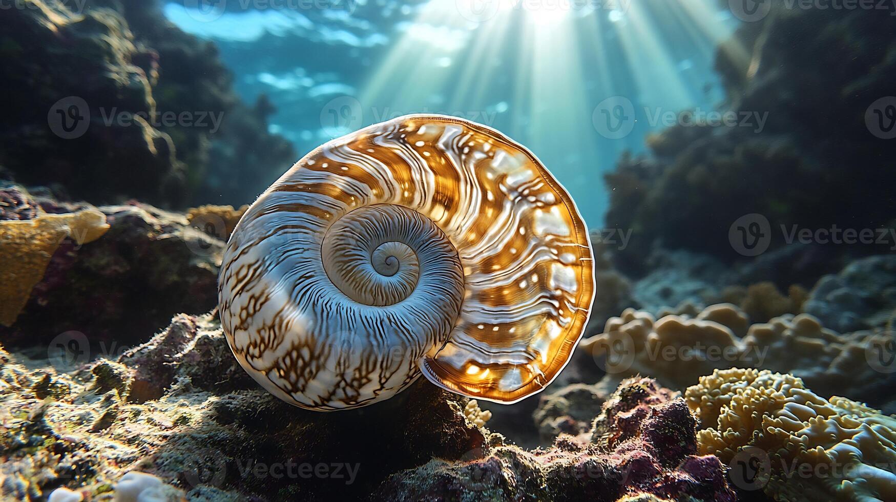 Chambered Nautilus Nautilus pompilius phylum Mollusca class Cephalopoda order Nautilida family Nautilidae drifting near coral reef its spiral shell glowing under soft underwater light photo