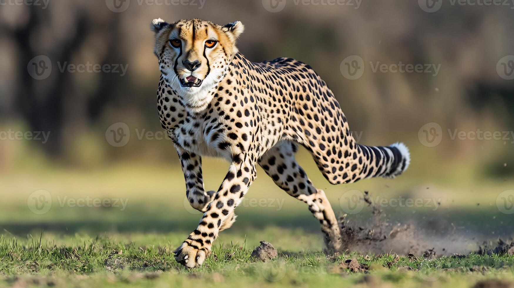 Cheetah Acinonyx jubatus family Felidae sprinting across golden savannas fastest land mammal showcasing speed agility African wildlife in open grassland habitats photo