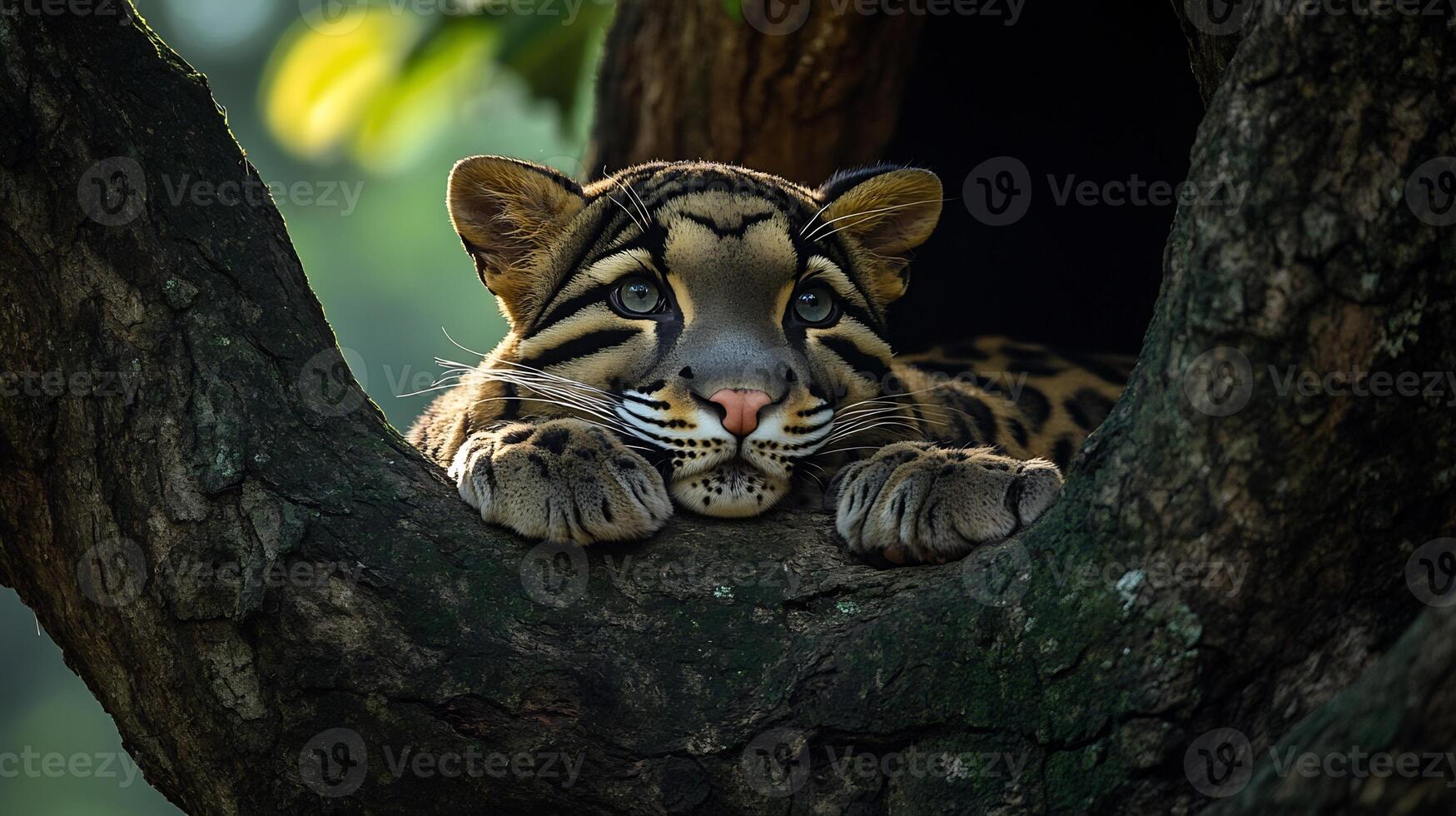 Clouded Leopard Neofelis nebulosa phylum Chordata class Mammalia order Carnivora family Felidae resting a tree hollow its spotted coat blending into the dark wood under filtered sunlight photo