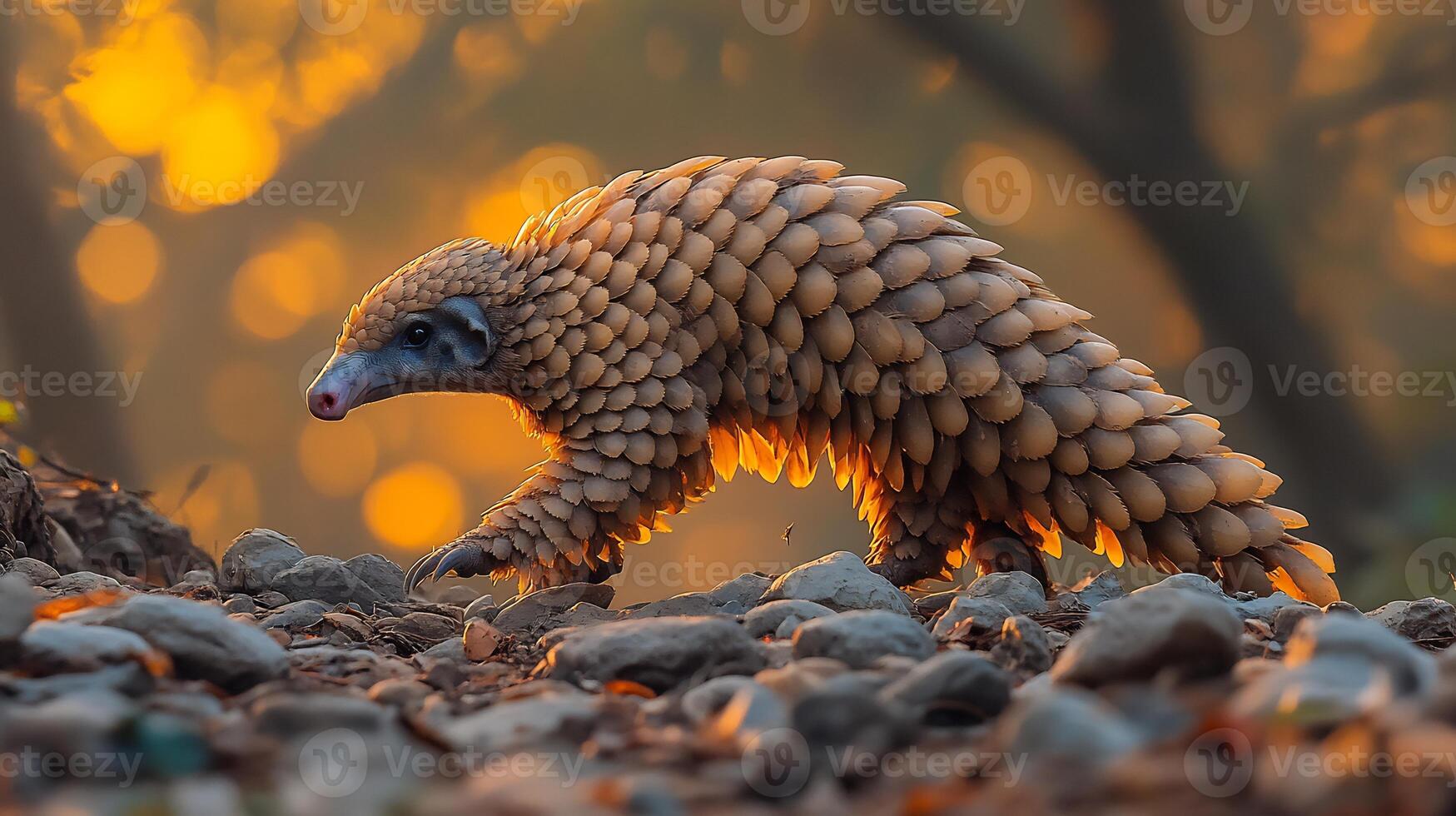 Chinese Pangolin Manis pentadactyla phylum Chordata class Mammalia order Pholidota family Manidae walking across forest path its textured scales glowing in golden sunset light photo