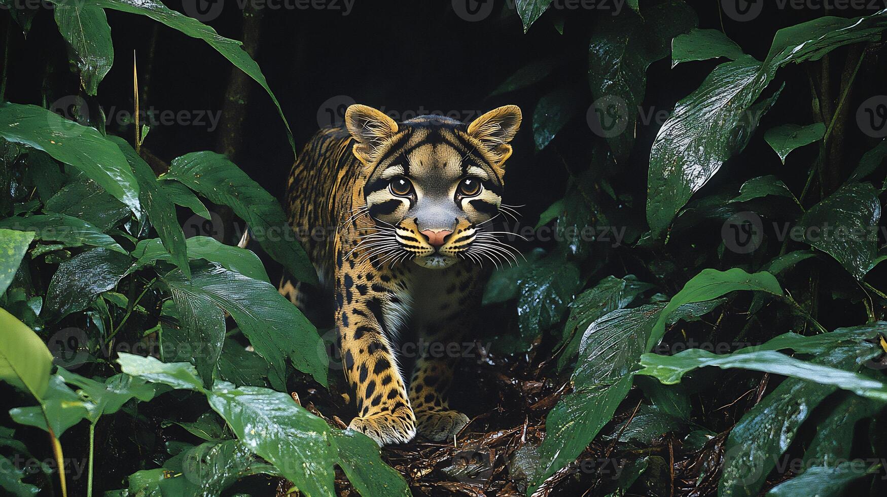 Clouded Leopard Neofelis nebulosa phylum Chordata class Mammalia order Carnivora family Felidae prowling through jungle foliage patterned coat blending with dappled sunlight photo