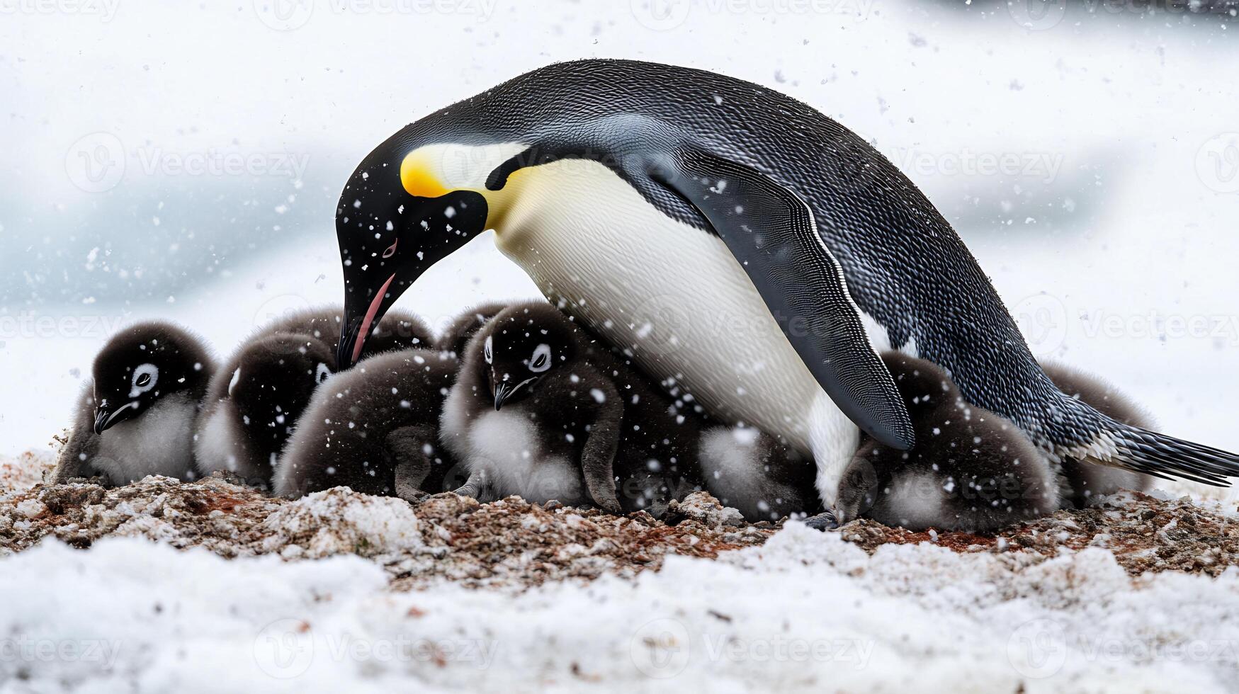 Emperor Penguins Aptenodytes forsteri family Spheniscidae huddling chicks on Antarctic ice resilient flightless birds symbolizing polar wildlife survival and environmental adaptation photo