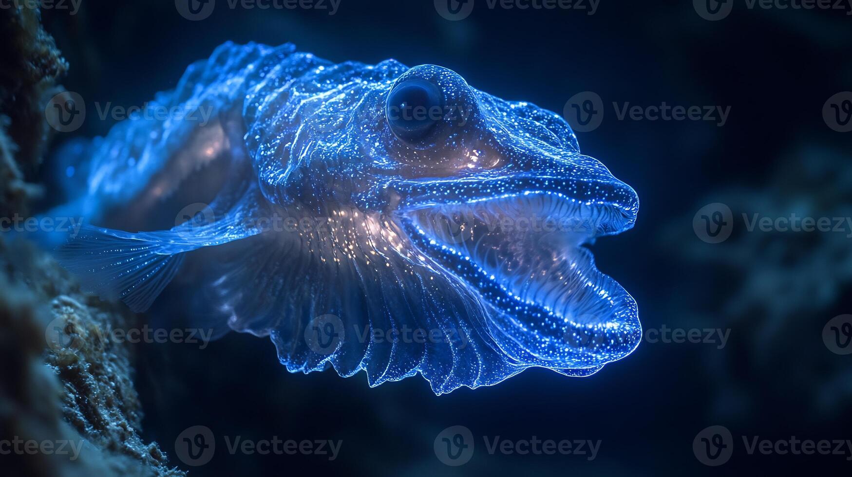 Deep Sea Anglerfish Melanocetus johnsonii phylum Chordata class Actinopterygii order Lophiiformes family Melanocetidae glowing dark ocean depths its bioluminescent lure casting eerie light photo
