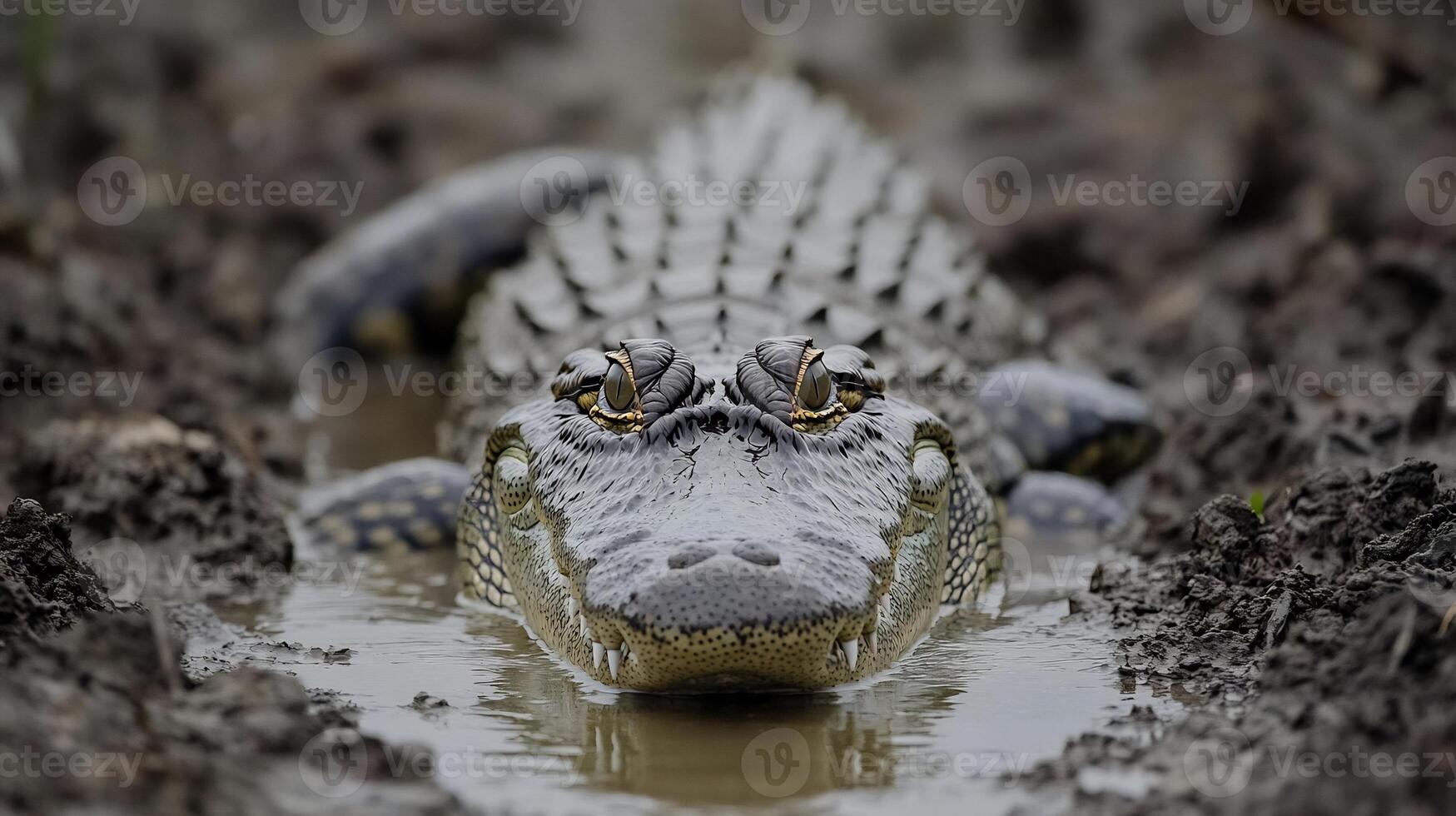 Crocodile Crocodylus niloticus phylum Chordata class Reptilia order Crocodylia family Crocodylidae lurking partially submerged a swamp its piercing eyes and textured skin visible above the waterline photo