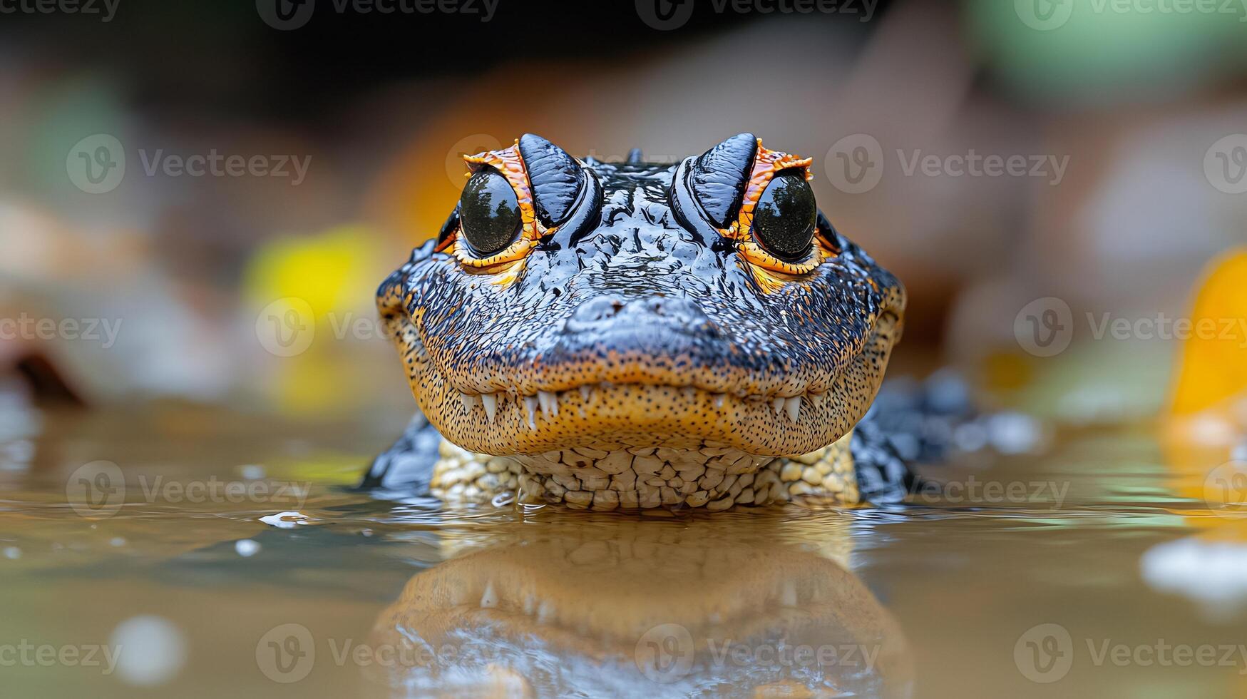 Cuviers Dwarf Caiman Paleosuchus palpebrosus phylum Chordata class Reptilia order Crocodylia family Alligatoridae partially submerged a swamp its piercing eyes barely visible above the waterline photo