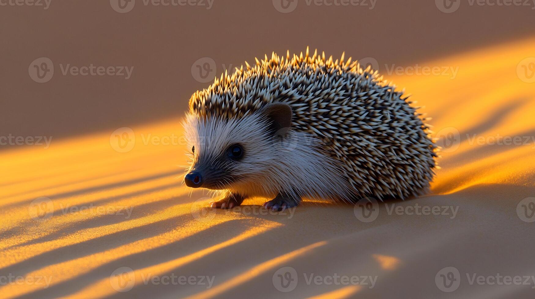 Desert Hedgehog Paraechinus aethiopicus phylum Chordata class Mammalia order Eulipotyphla family Erinaceidae crawling over sand dune under twilight its spines casting sharp shadows photo