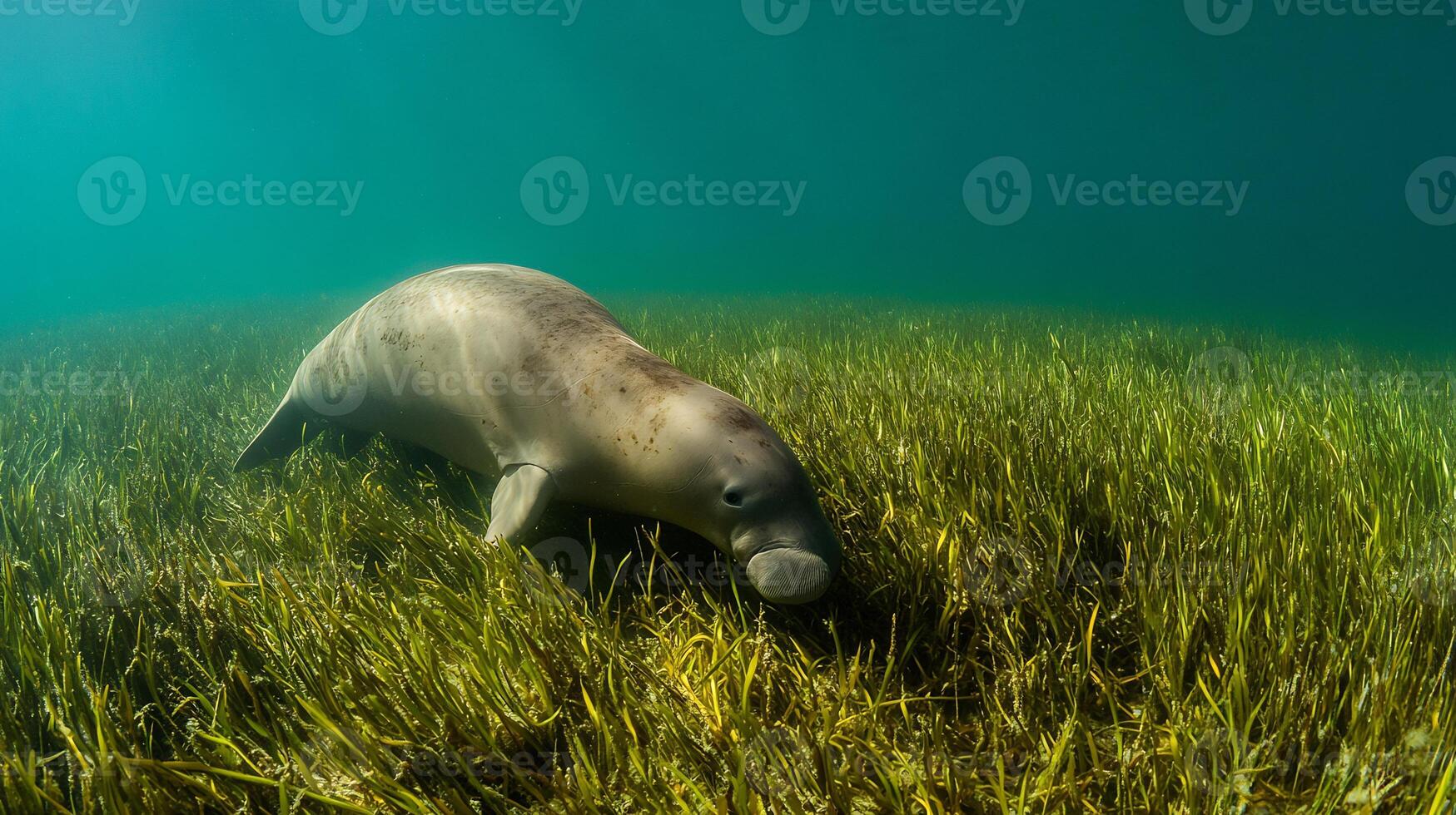 Dugong Dugong dugon phylum Chordata class Mammalia order Sirenia family Dugongidae grazing peacefully underwater meadows of seagrass its gentle movements in tranquil aquatic habitats photo