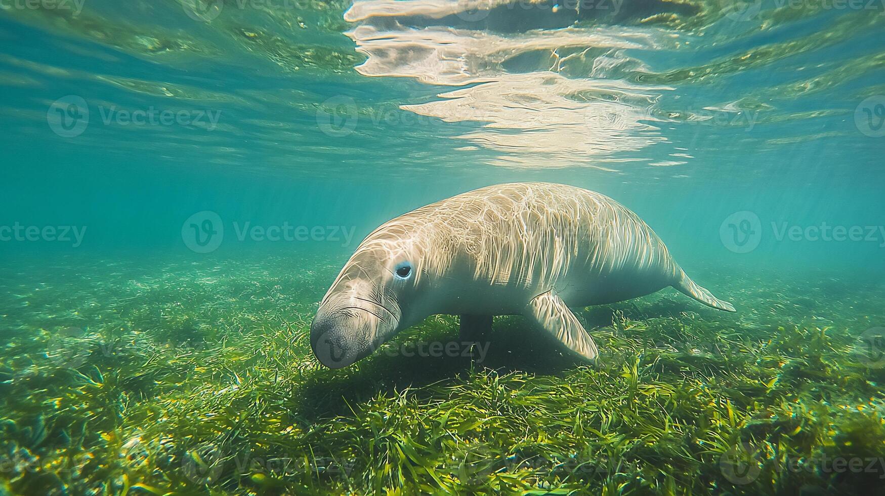 Dugong Dugong dugon phylum Chordata class Mammalia order Sirenia family Dugongidae grazing a shallow seagrass meadow its smooth body creating gentle ripples in turquoise water photo