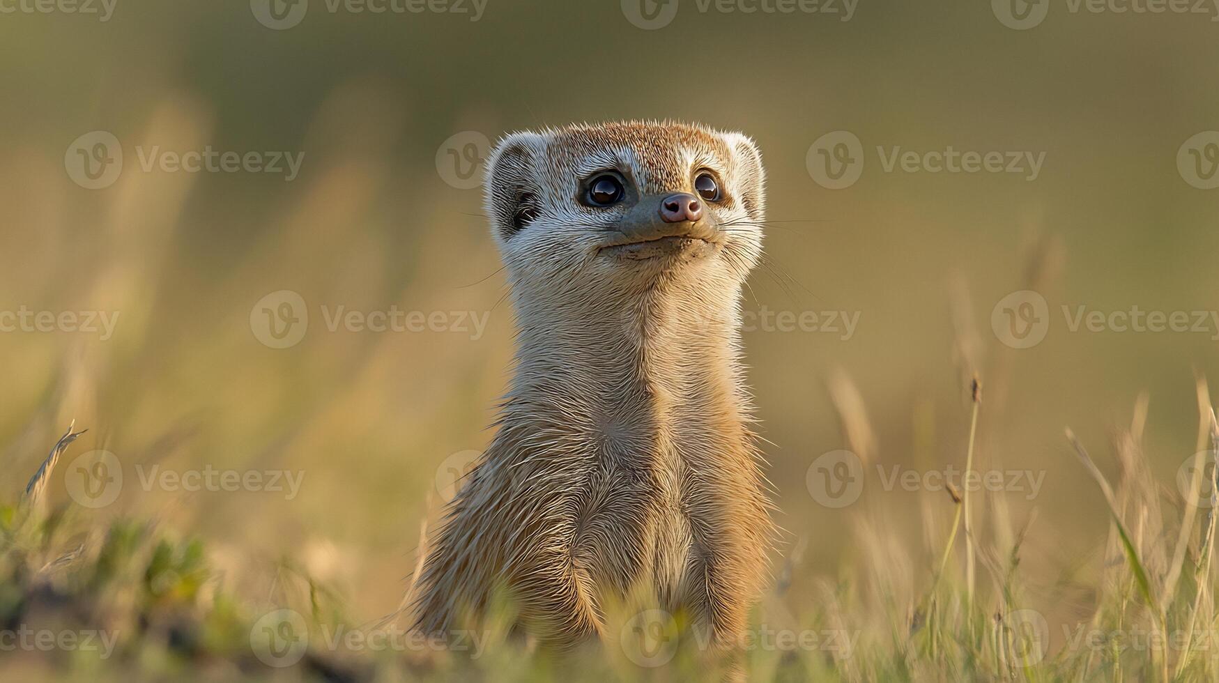 Dwarf Mongoose Helogale parvula phylum Chordata class Mammalia order Carnivora family Herpestidae standing alert tall grass its curious expression glowing in afternoon light photo