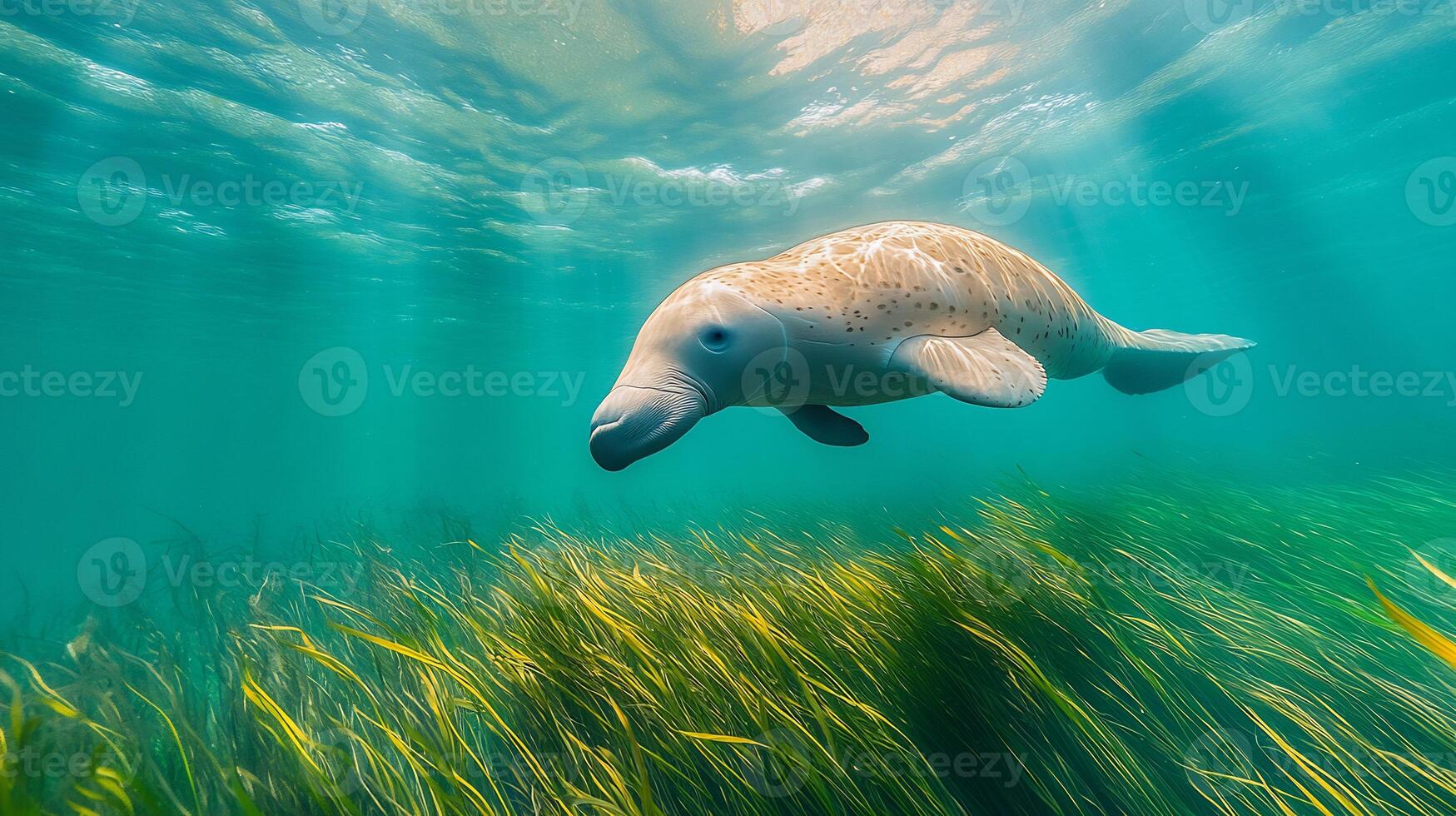 Dugong Dugong dugon phylum Chordata class Mammalia order Sirenia family Dugongidae swimming through seagrass bed its gentle movements creating ripples under turquoise waters photo