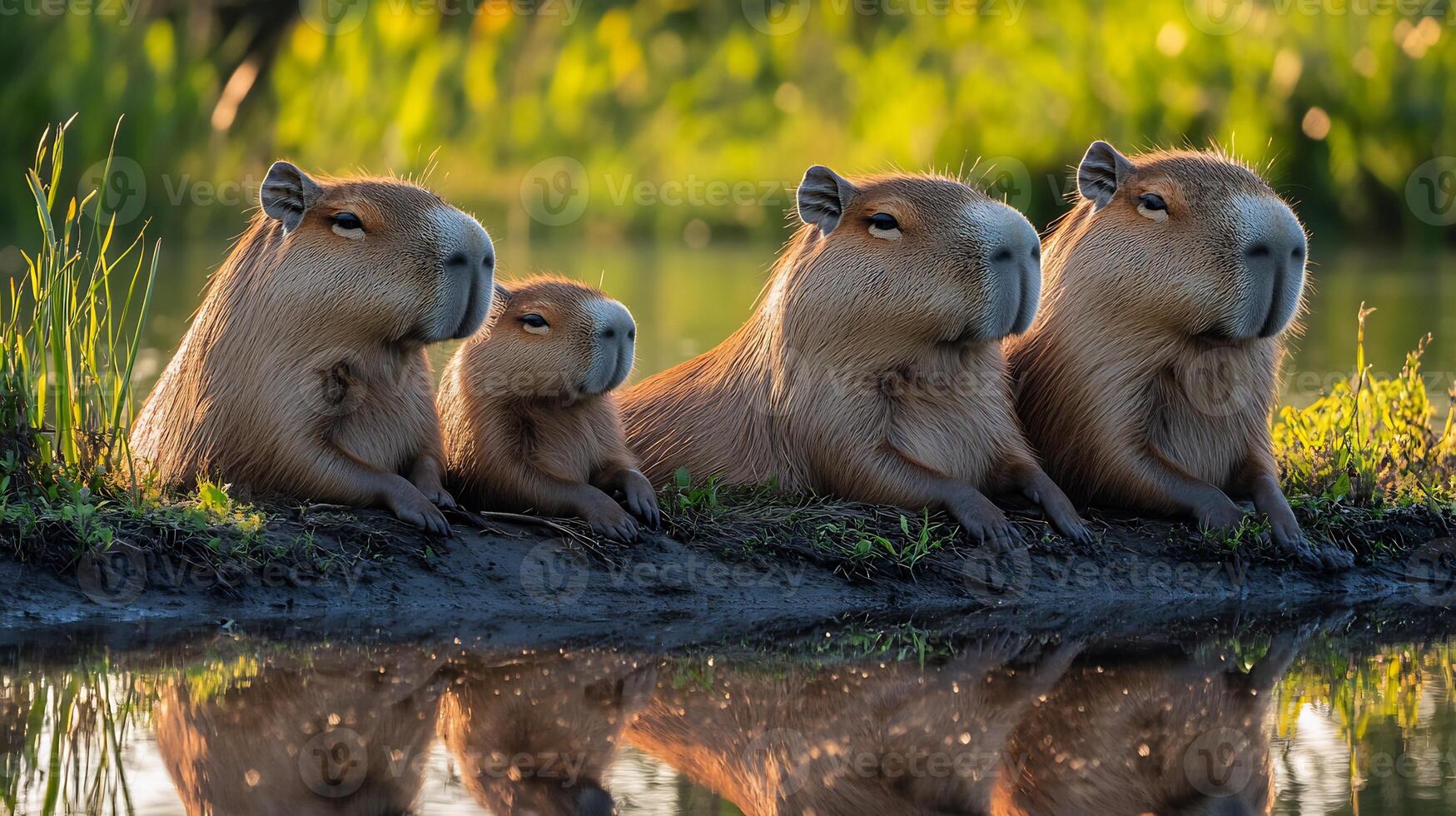 Capybaras Hydrochoerus hydrochaeris phylum Chordata class Mammalia order Rodentia family Caviidae lounging a riverbank their reflections shimmering in twilight water photo