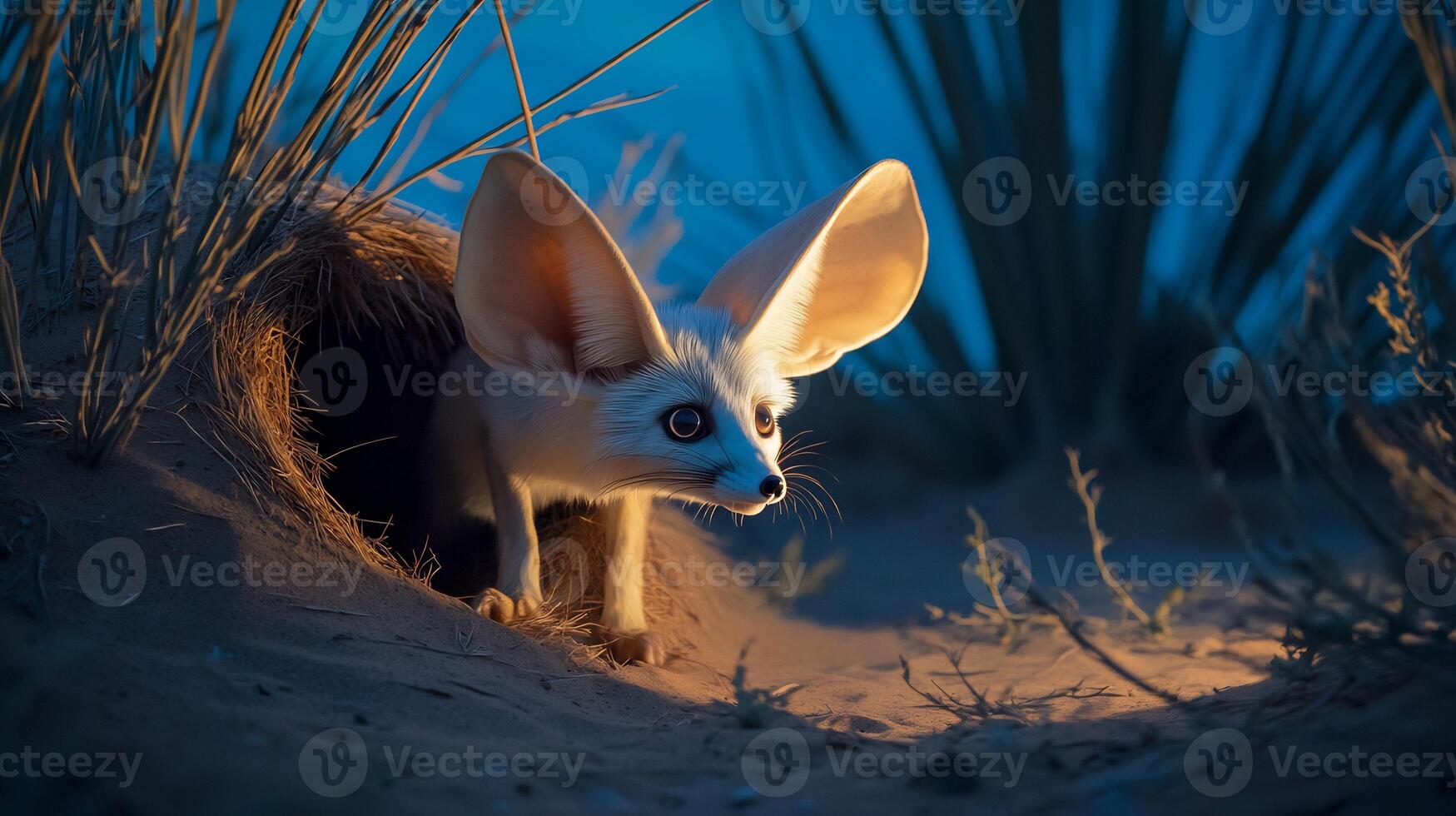 Fennec Fox Vulpes zerda phylum Chordata class Mammalia order Carnivora family Canidae emerging a burrow in the Sahara Desert at twilight large translucent ears illuminated by soft light photo
