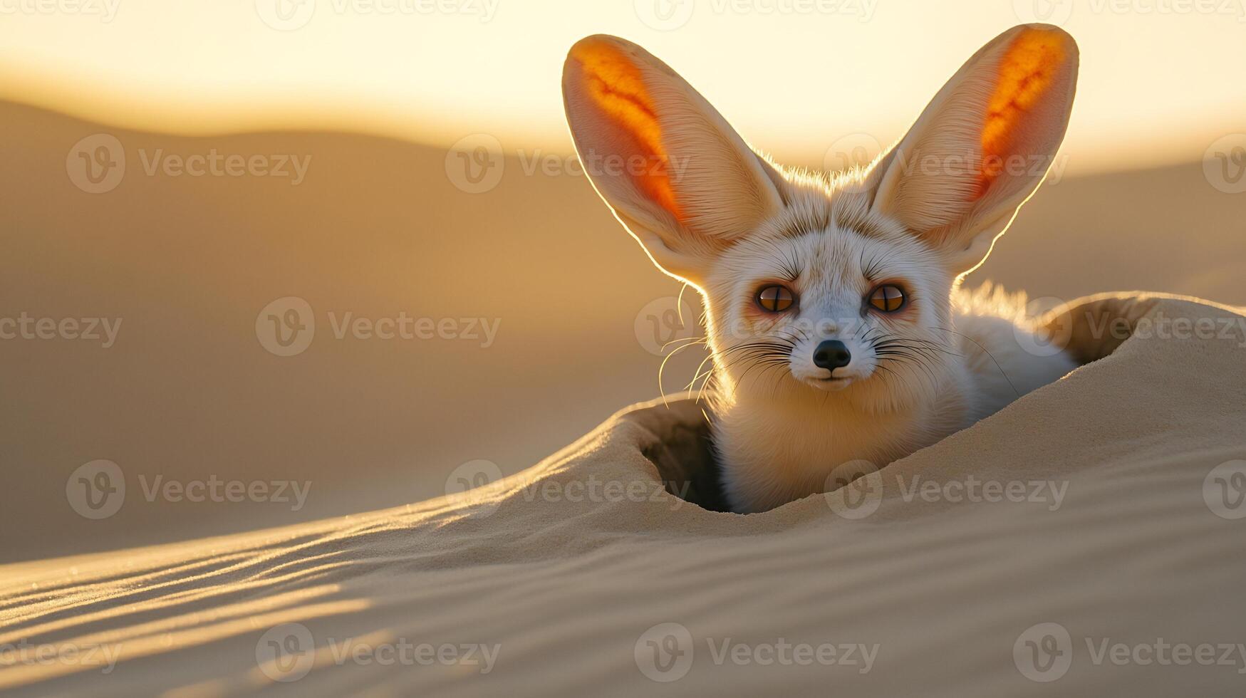 Fennec Fox Vulpes zerda phylum Chordata class Mammalia order Carnivora family Canidae peering a burrow at sunset its large ears glowing softly under golden light in rippling dunes photo