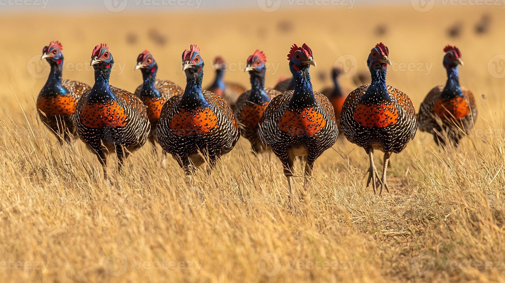 Helmeted Guineafowl Numida meleagris phylum Chordata class Aves order Galliformes family Numididae walking through savanna their colorful heads contrasting with muted golden grass photo