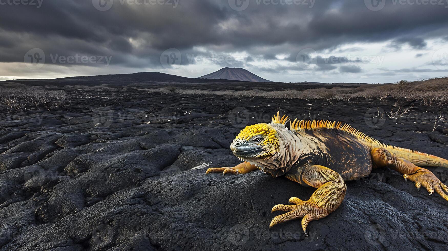 Galpagos Land Iguana Conolophus subcristatus phylum Chordata class Reptilia order Squamata family Iguanidae basking volcanic rock its yellow skin contrasting with the stark landscape photo