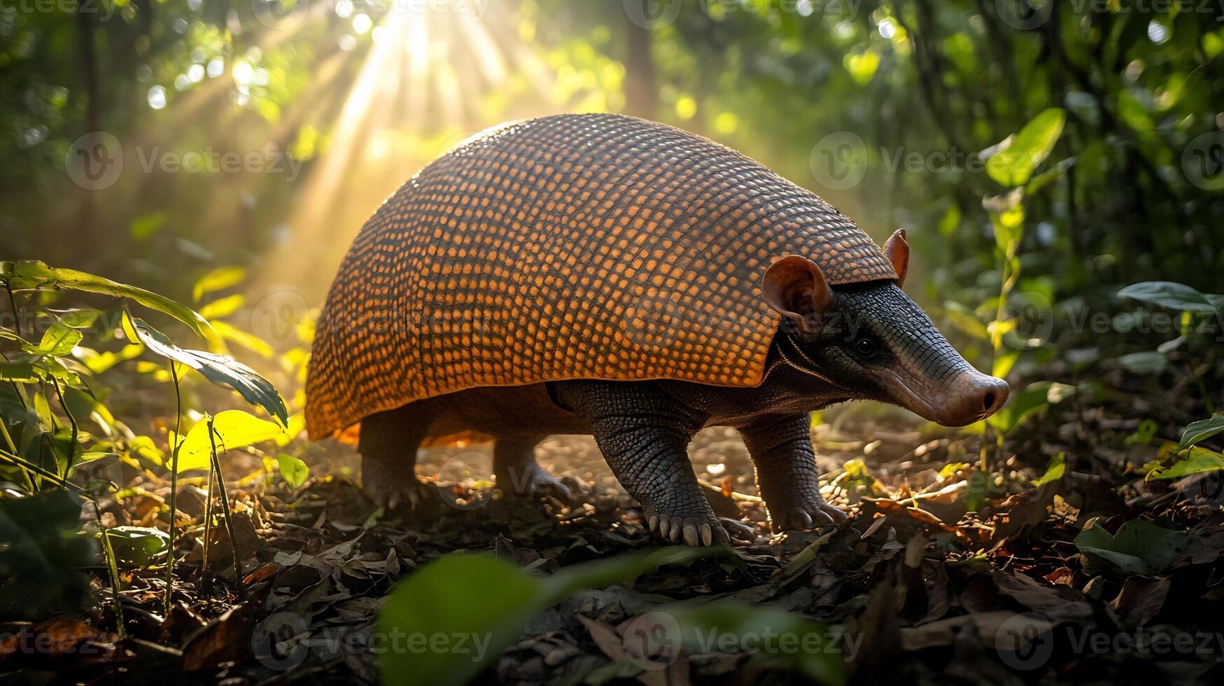 Giant Armadillo Priodontes maximus phylum Chordata class Mammalia order Cingulata family Chlamyphoridae walking a rainforest clearing its armored body glowing under dappled sunlight photo