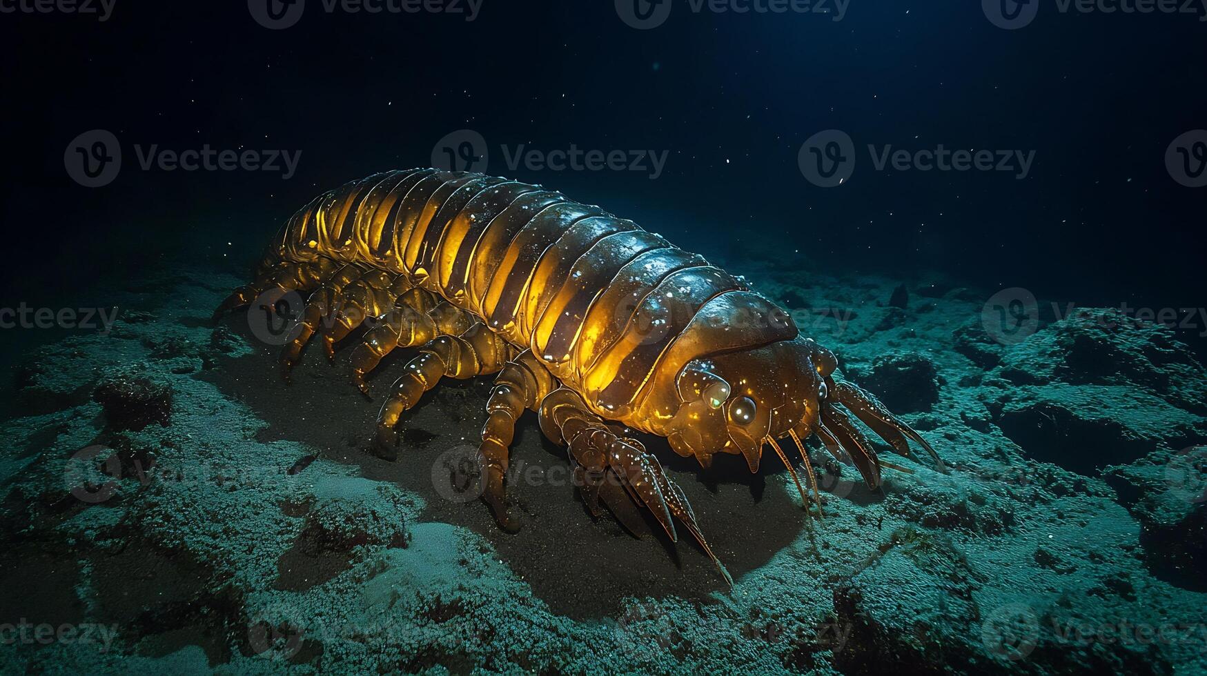 Giant Isopod Bathynomus giganteus phylum Arthropoda class Malacostraca order Isopoda family Cymothoidae crawling across deep ocean seabed its armored body glowing under faint bioluminescent light photo