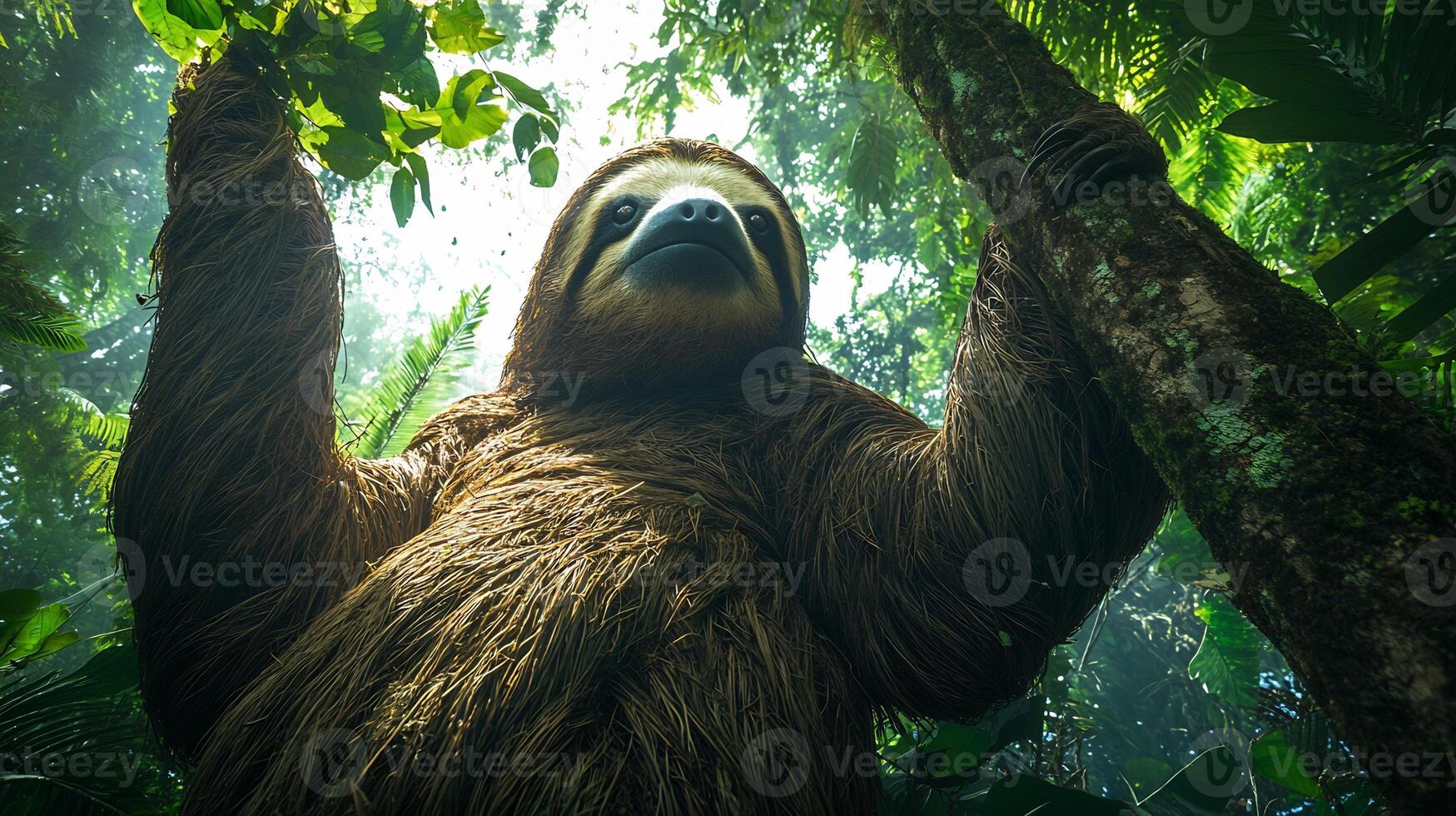Giant Ground Sloth Megatherium americanum phylum Chordata class Mammalia order Pilosa family Megatheriidae stripping leaves a tall tree its massive frame glowing under rainforest light photo