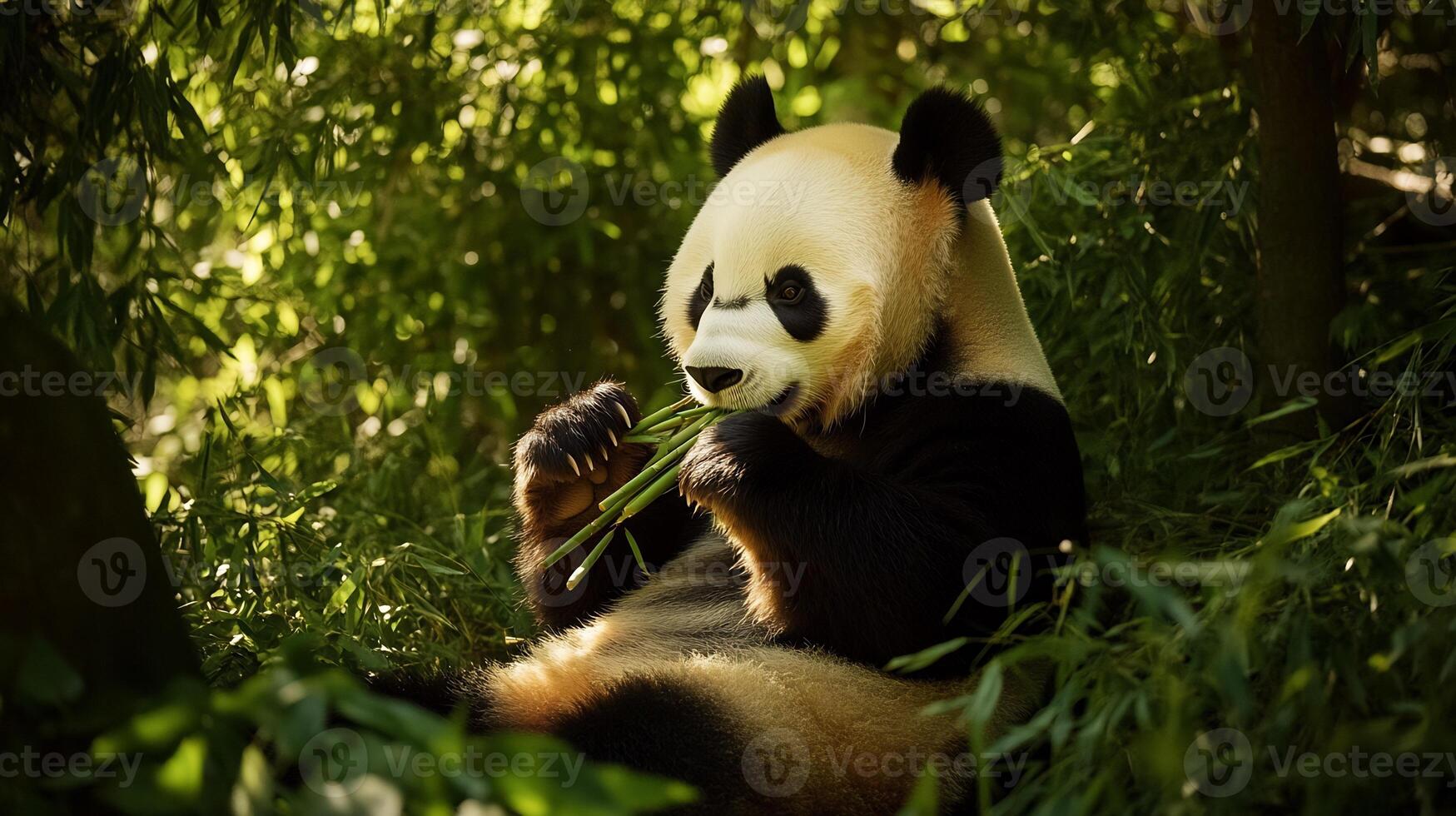 Giant Panda Ailuropoda melanoleuca family Ursidae peacefully eating bamboo Chinese forests symbolizing wildlife conservation endangered species and natural habitat diversity photo