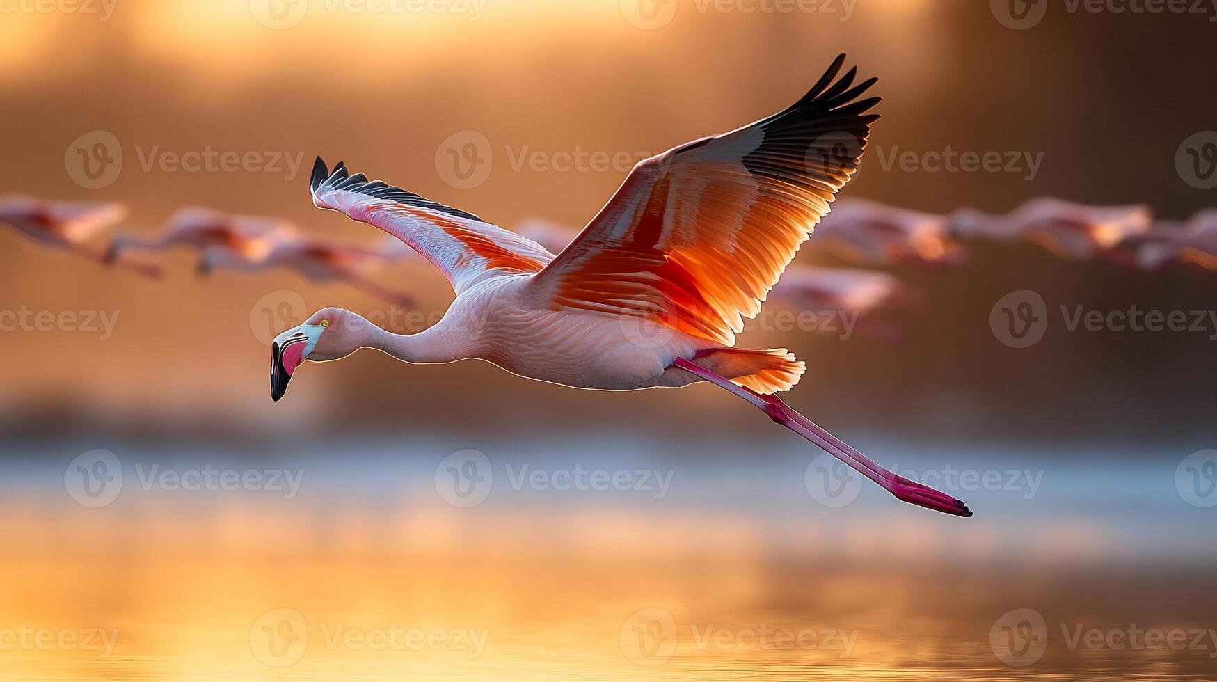 Greater Flamingos Phoenicopterus roseus phylum Chordata class Aves order Phoenicopteriformes family Phoenicopteridae flying over reflective saltwater lagoon at sunrise their pink hues glowing photo
