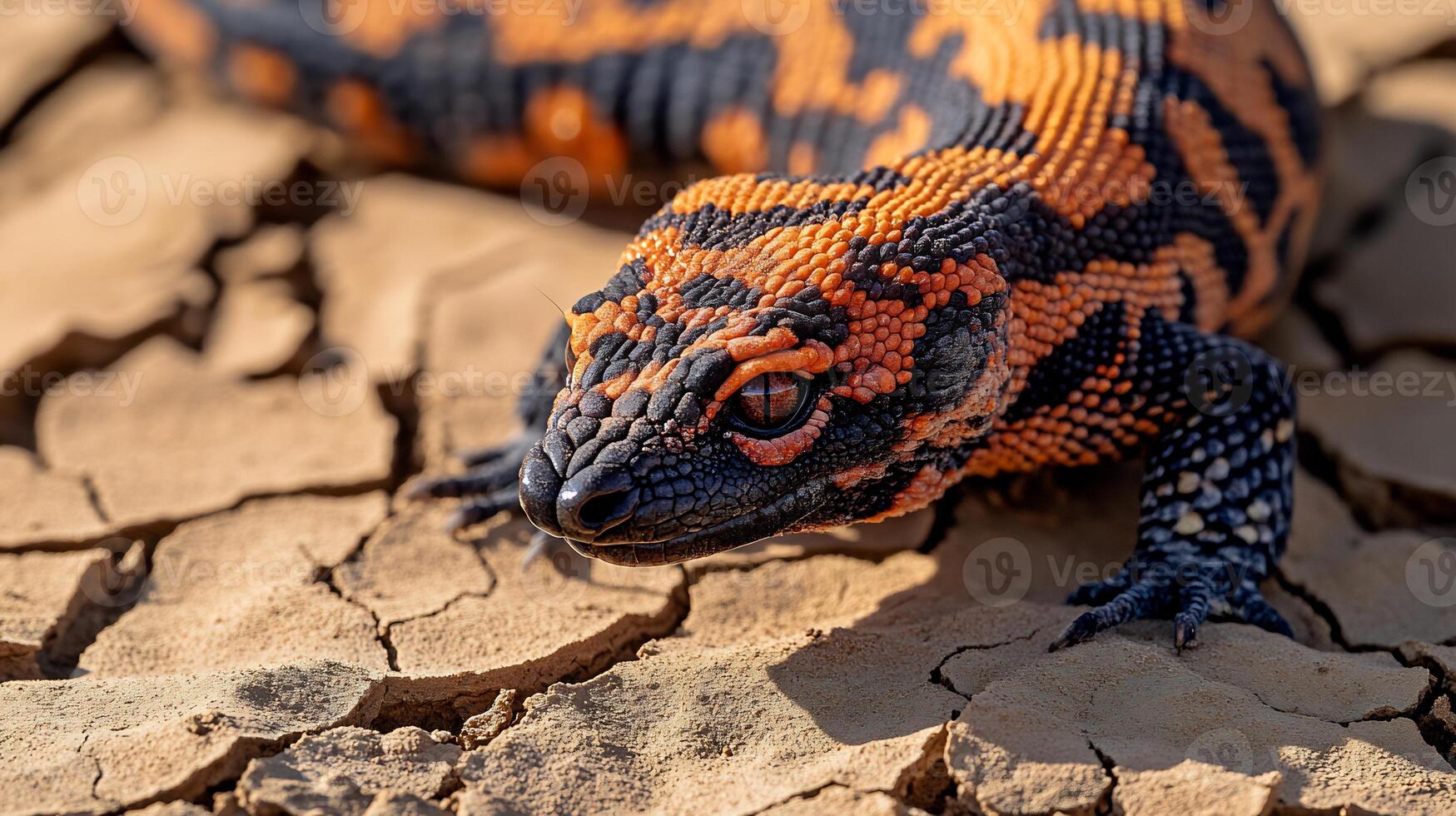Gila Monster Heloderma suspectum phylum Chordata class Reptilia order Squamata family Helodermatidae crawling over cracked desert soil orange and black skin glowing under midday sun photo