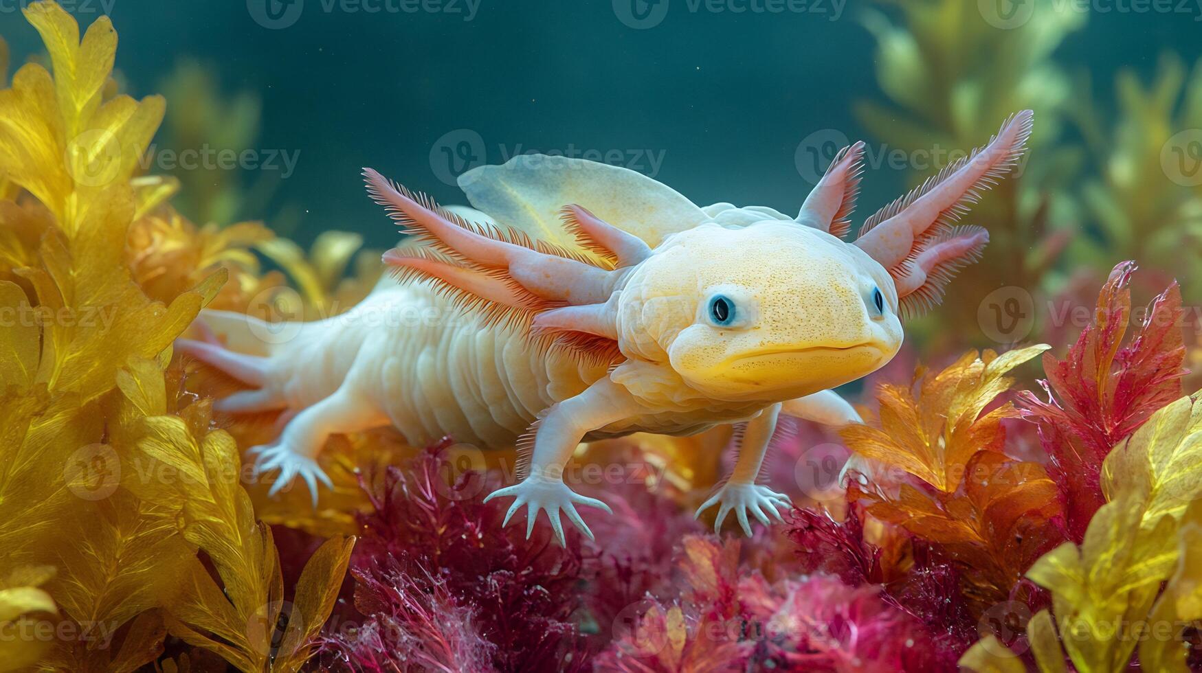 Golden Axolotl Ambystoma mexicanum phylum Chordata class Amphibia order Urodela family Ambystomatidae floating near vibrant aquatic plants delicate gills glowing under soft underwater light photo