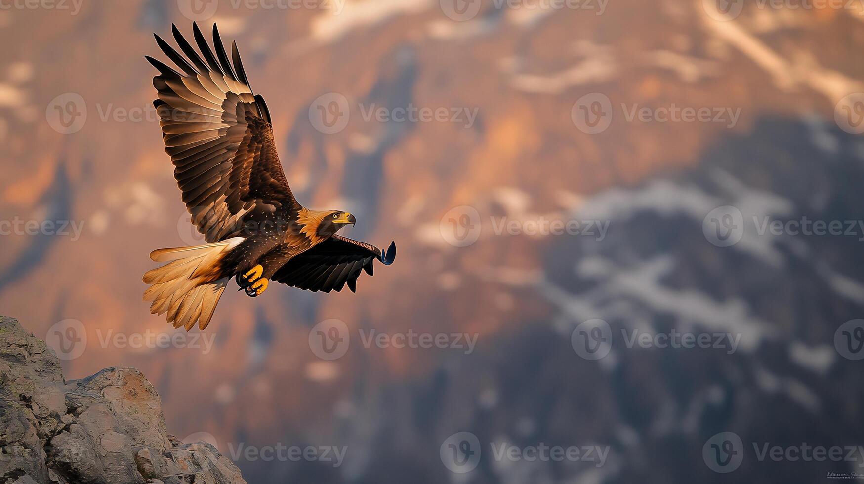Golden Eagle Aquila chrysaetos family Accipitridae soaring over mountain peaks apex bird of prey symbolizing power avian wildlife ecological diversity in rugged terrains photo