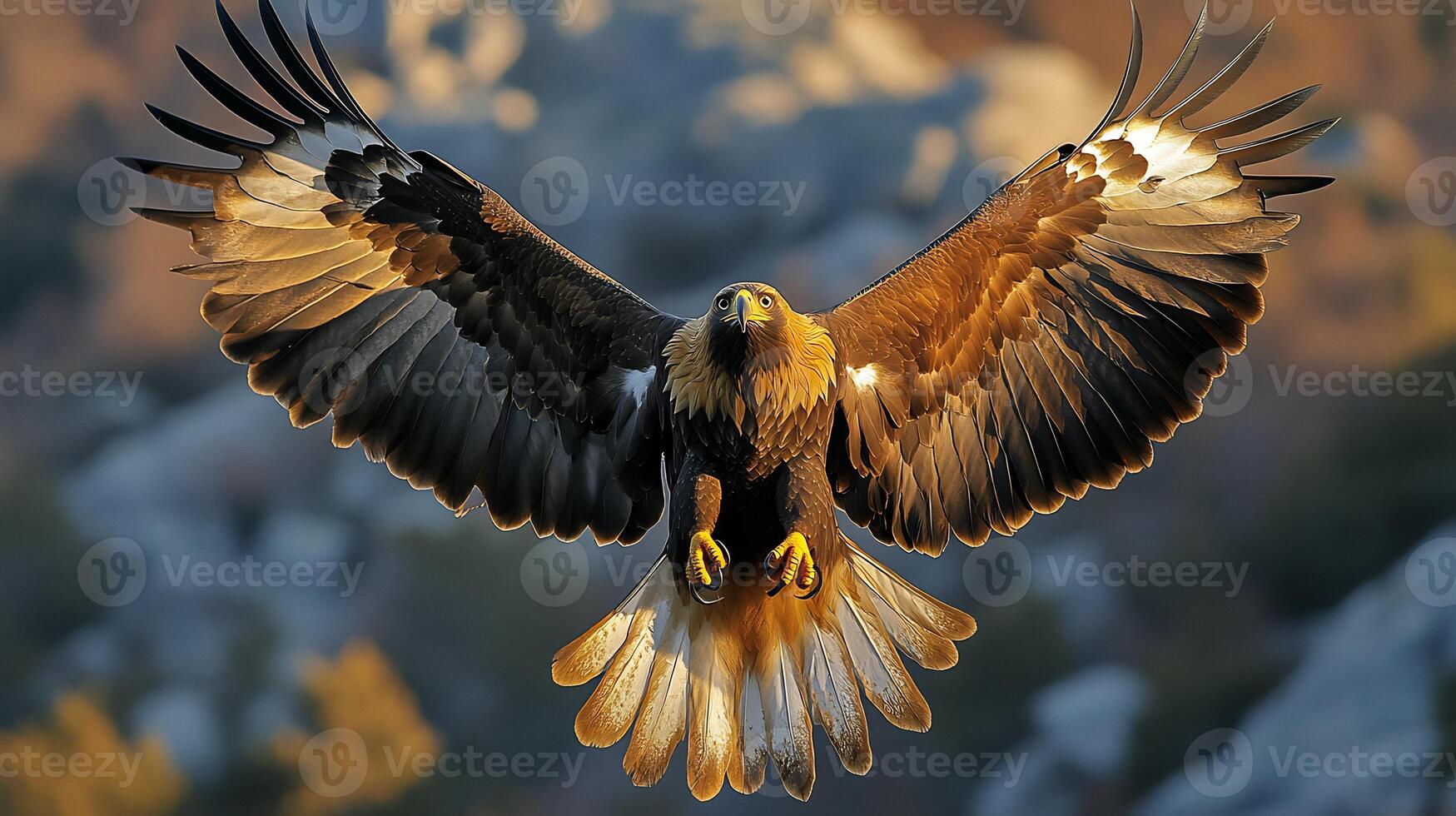 Golden Eagle Aquila chrysaetos phylum Chordata class Aves order Accipitriformes family Accipitridae soaring over mountain range its sharp talons glowing under a golden sunset photo