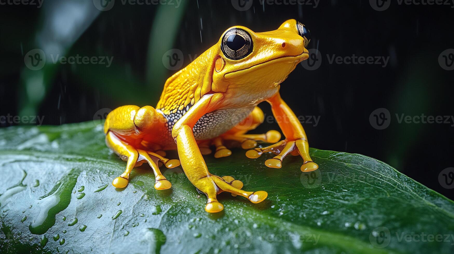 Golden Poison Dart Frog Phyllobates terribilis phylum Chordata class Amphibia order Anura family Dendrobatidae perched a rainforest leaf its vibrant yellow body glowing against dark surroundings photo
