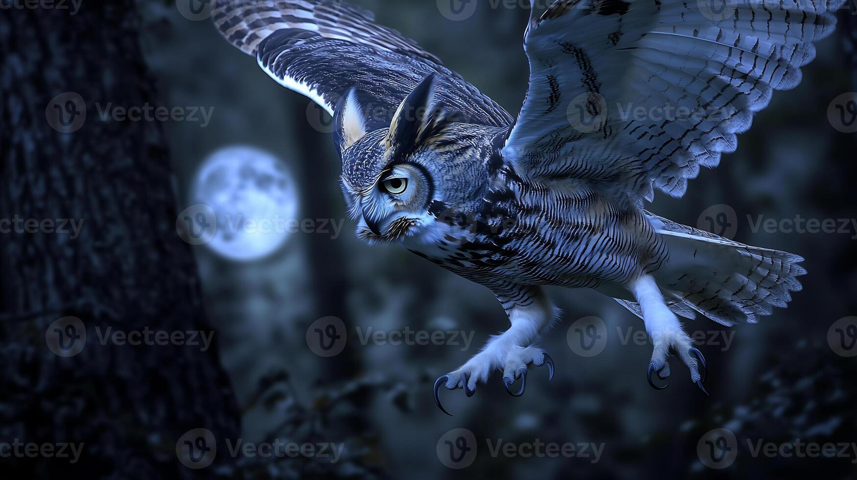 Great Horned Owl Bubo virginianus phylum Chordata class Aves order Strigiformes family Strigidae gliding silently through moonlit forest sharp talons extended and wings spread wide photo