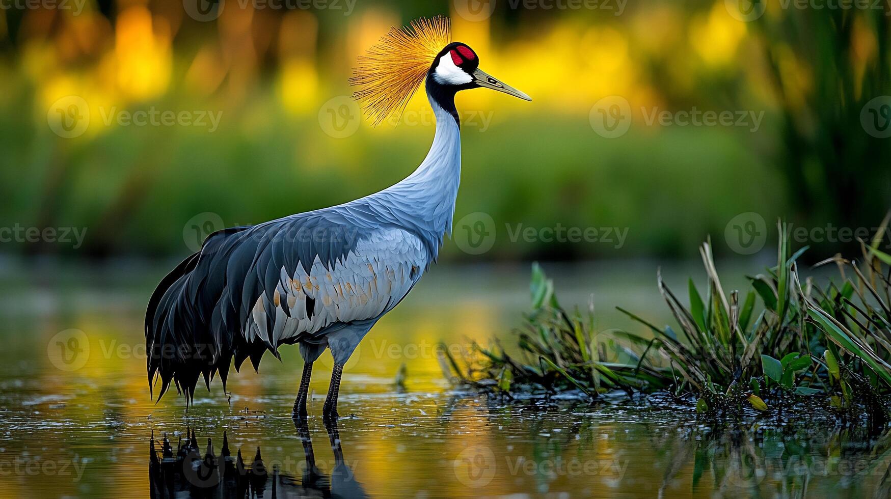 Graycrowned Crane Balearica regulorum phylum Chordata class Aves order Gruiformes family Gruidae standing elegantly a lush wetland its golden crest glowing in soft morning light photo
