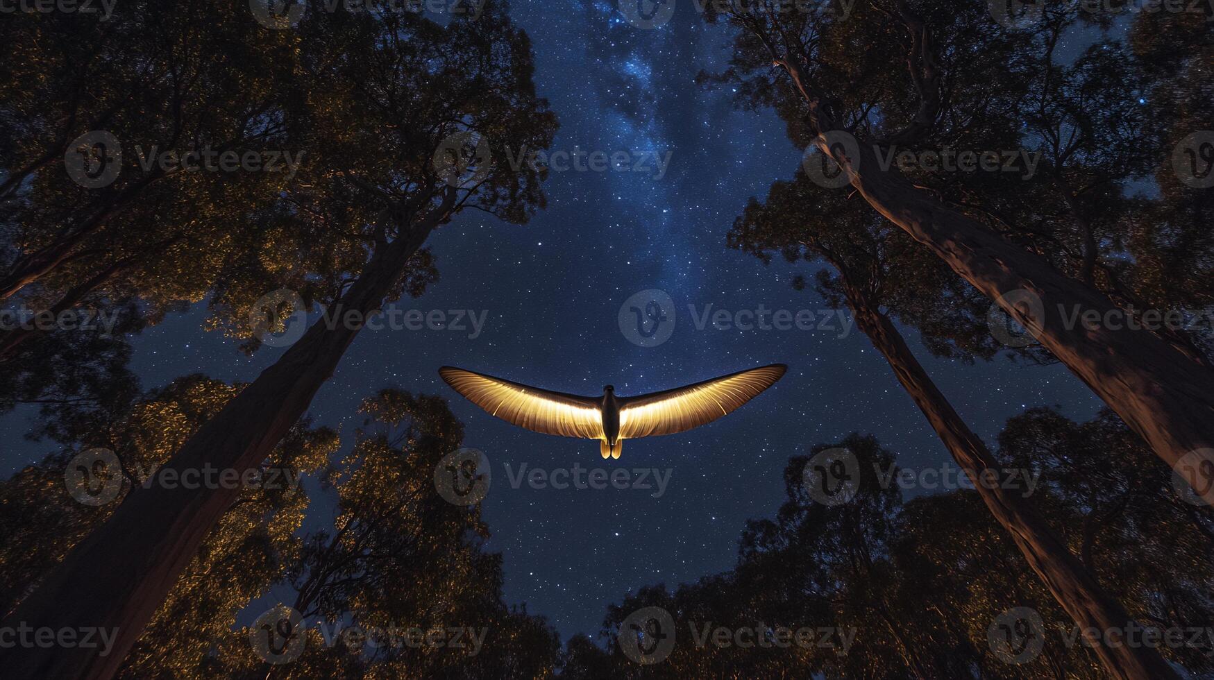 Greater Glider Petauroides volans phylum Chordata class Mammalia order Diprotodontia family Pseudocheiridae soaring between eucalyptus trees under starlit sky its wide membrane faintly glowing photo