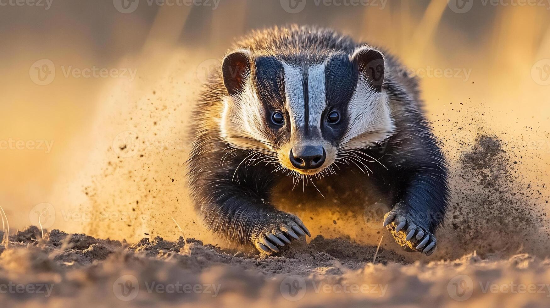 Honey Badger Mellivora capensis phylum Chordata class Mammalia order Carnivora family Mustelidae digging furiously savanna soil its powerful claws throwing dust in golden light photo