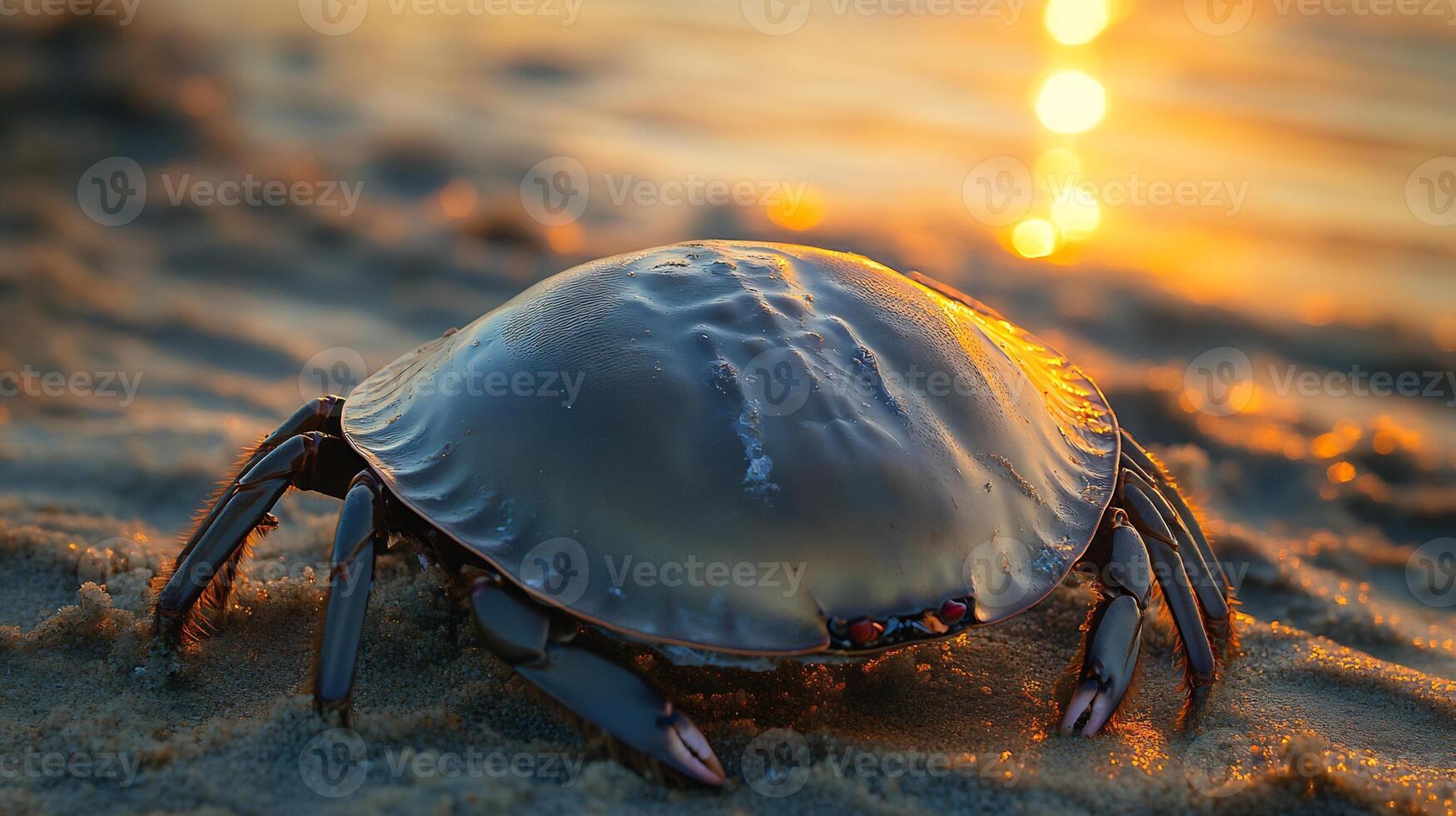 Horseshoe Crab Limulus polyphemus phylum Arthropoda class Merostomata order Xiphosura family Limulidae crawling along sandy shoreline at low tide its shell reflecting sunset hues photo