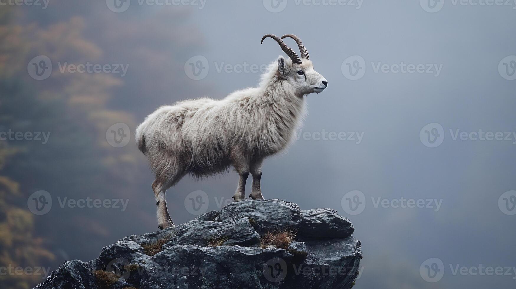 Japanese Serow Capricornis crispus phylum Chordata class Mammalia order Artiodactyla family Bovidae standing silently a rocky ledge its shaggy coat highlighted by diffused light in dense mountain fog photo