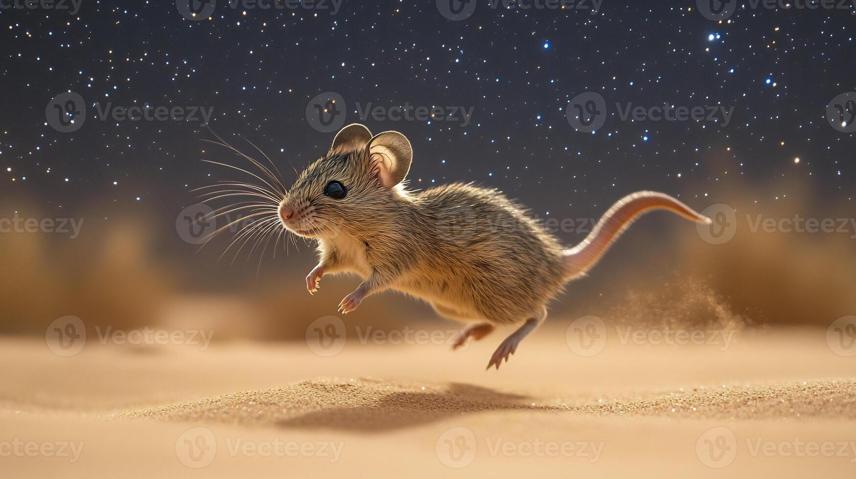 Kangaroo Rat Dipodomys deserti phylum Chordata class Mammalia order Rodentia family Heteromyidae leaping across sandy desert under a starry sky illuminated by soft moonlight photo