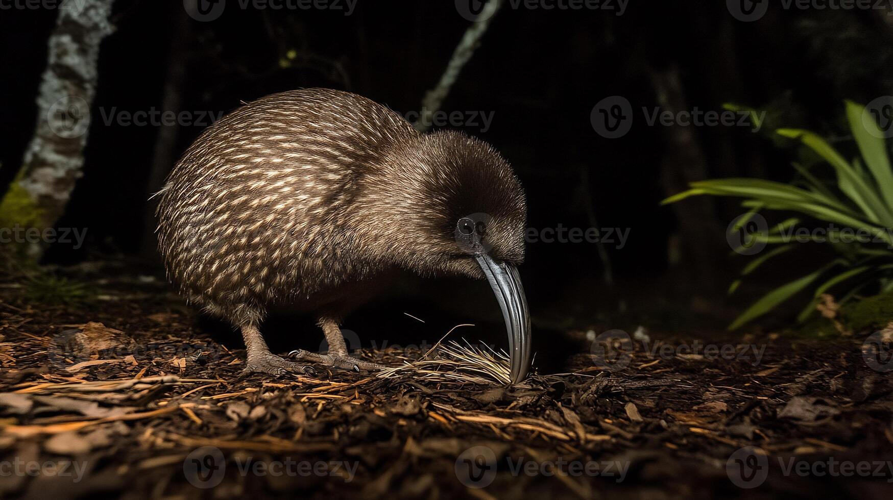 Kiwi Bird Apteryx mantelli phylum Chordata class Aves order Apterygiformes family Apterygidae foraging under moonlight New Zealand forests its long beak subtly illuminated by soft lighting photo