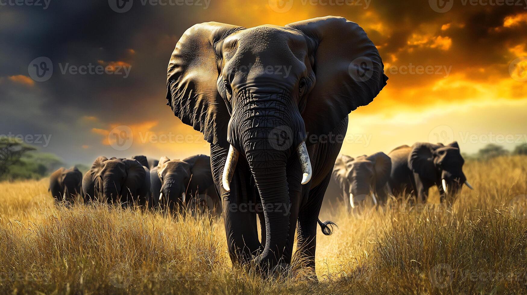 African Elephant Loxodonta africana family Elephantidae leading herd through African savannas majestic mammal symbolizing strength biodiversity and wildlife conservation in grasslands photo