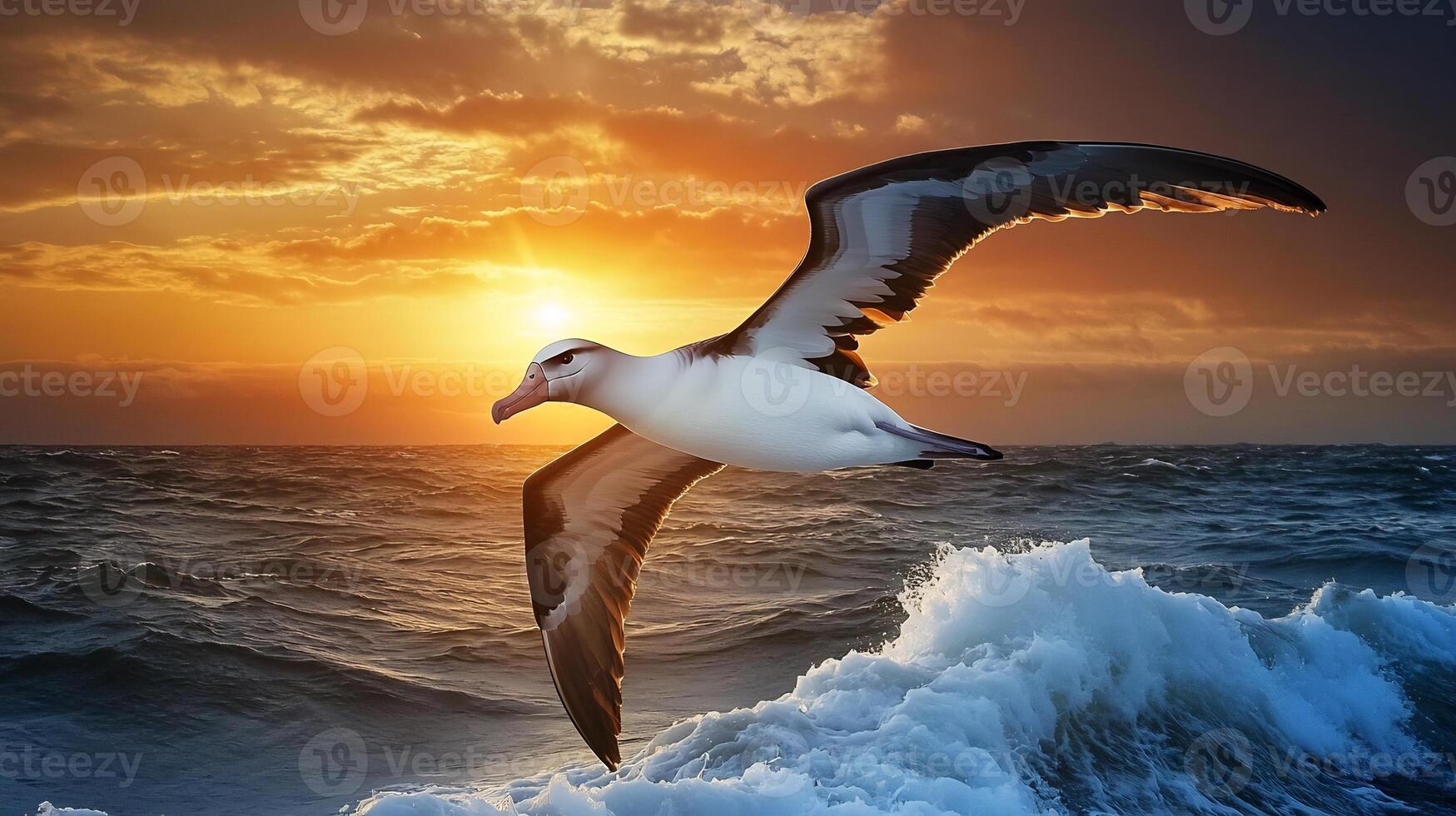 Albatross Diomedea exulans phylum Chordata class Aves order Procellariiformes family Diomedeidae gliding over vast ocean waves expansive wingspan framed against a dramatic sunset sky photo