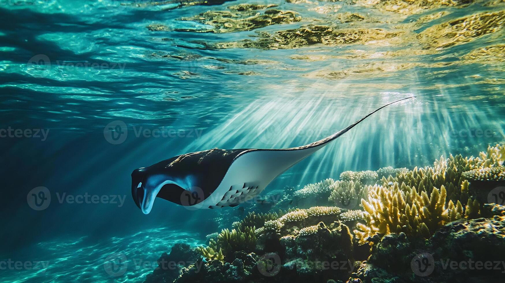 Manta Ray Mobula birostris phylum Chordata class Chondrichthyes order Myliobatiformes family Mobulidae gliding through turquoise waters near coral reefs sunlight illuminating graceful form photo