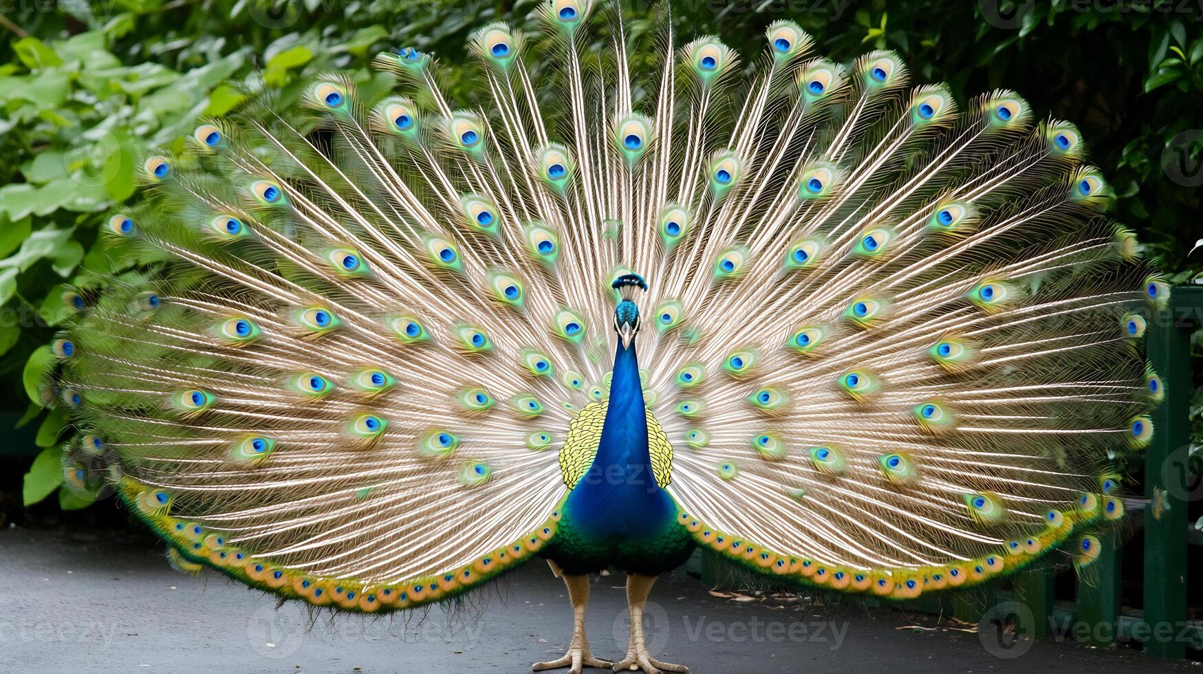 Peacock Pavo cristatus family Phasianidae spreading dazzling tail feathers in a full fan with vivid patterns symbolizing avian beauty courtship and biodiversity in green habitats photo