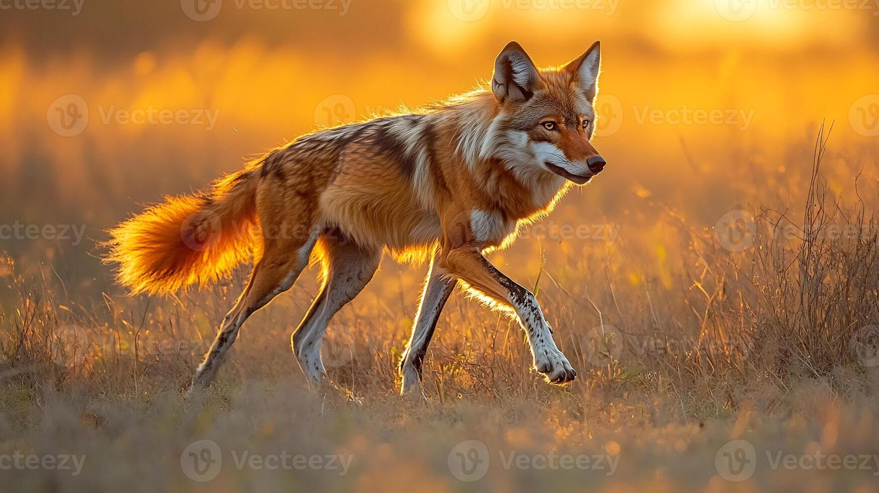 Maned Wolf Chrysocyon brachyurus phylum Chordata class Mammalia order Carnivora family Canidae walking tall Brazilian grass its reddish coat glowing under a vibrant sunset photo