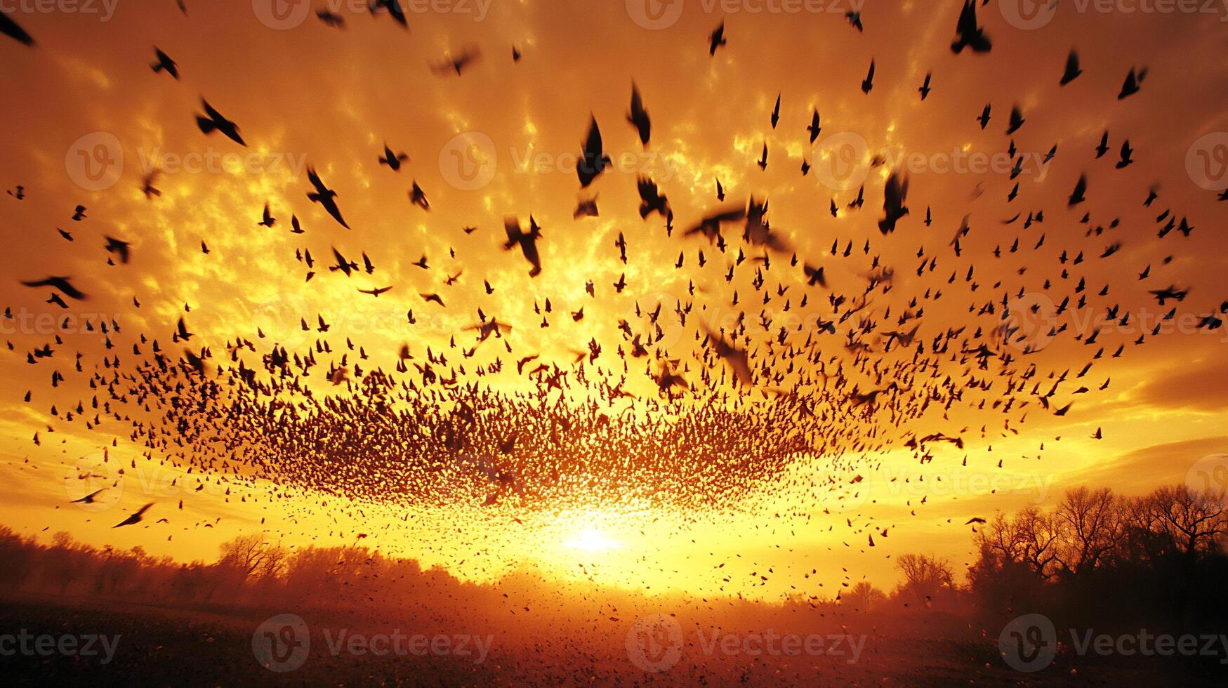 Passenger Pigeons Ectopistes migratorius phylum Chordata class Aves order Columbiformes family Columbidae flying intricate patterns across a golden sunset sky photo
