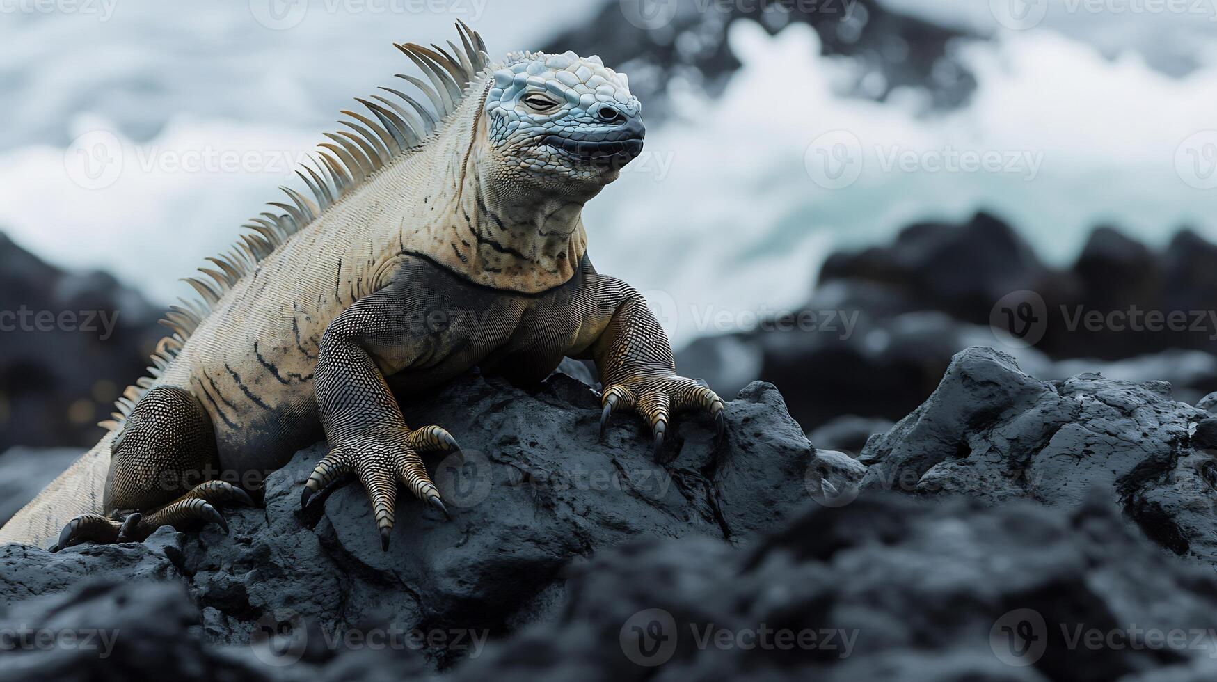 Marine Iguana Amblyrhynchus cristatus phylum Chordata class Reptilia order Squamata family Iguanidae sunbathing black lava rocks its textured skin blending with rugged ocean terrain photo