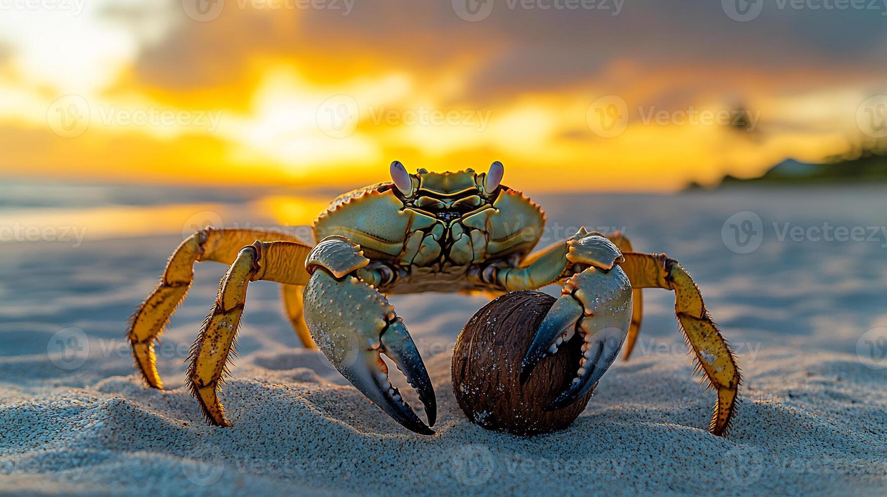 Coconut Crab Birgus latro phylum Arthropoda class Malacostraca order Decapoda family Coenobitidae crawling over sandy beach its claws gripping a fallen coconut under a tropical sunset photo