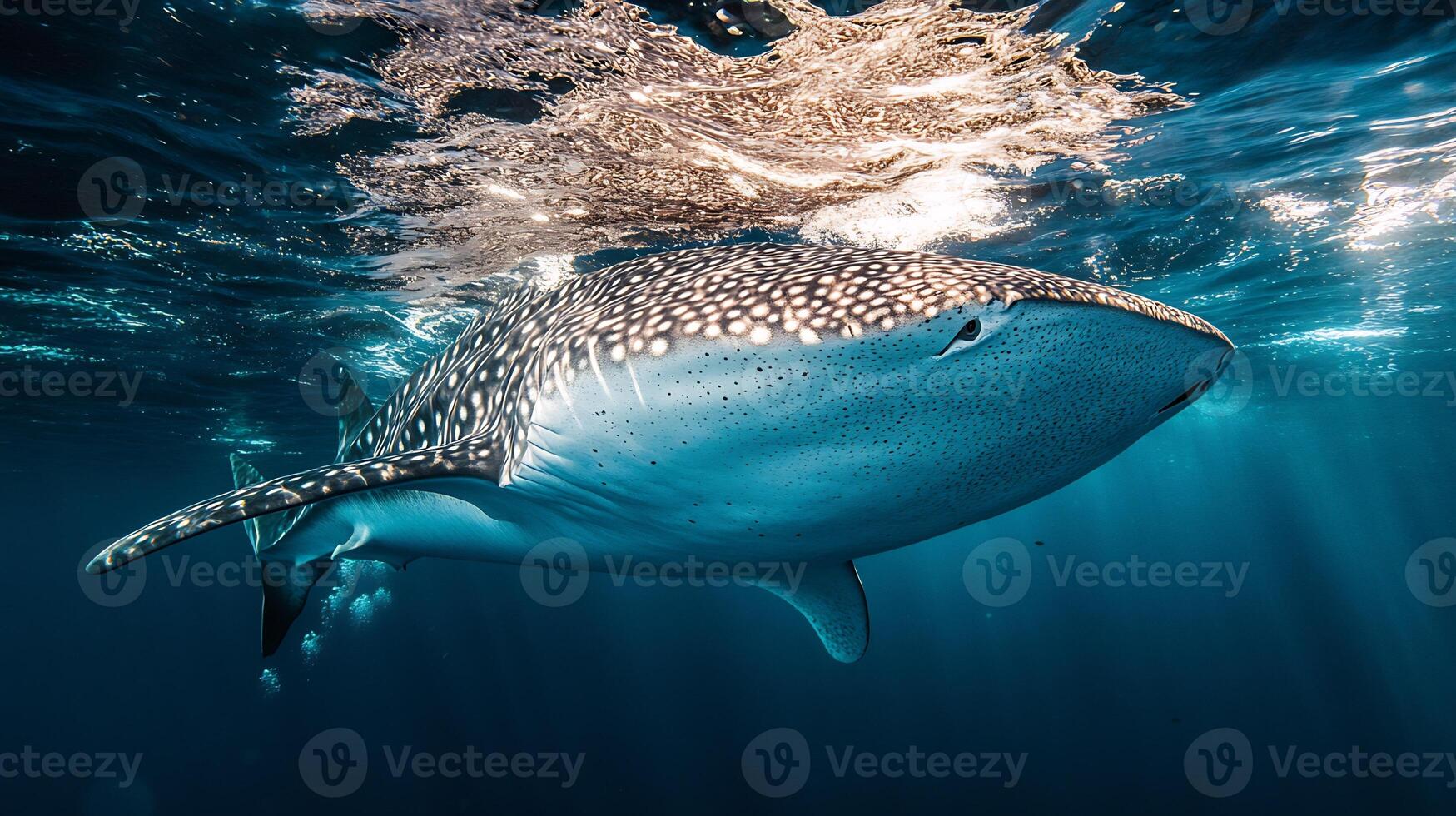 Whale Shark Rhincodon typus phylum Chordata class Chondrichthyes order Orectolobiformes family Rhincodontidae gliding beneath crystalclear waters spotted body glowing in sunlight photo