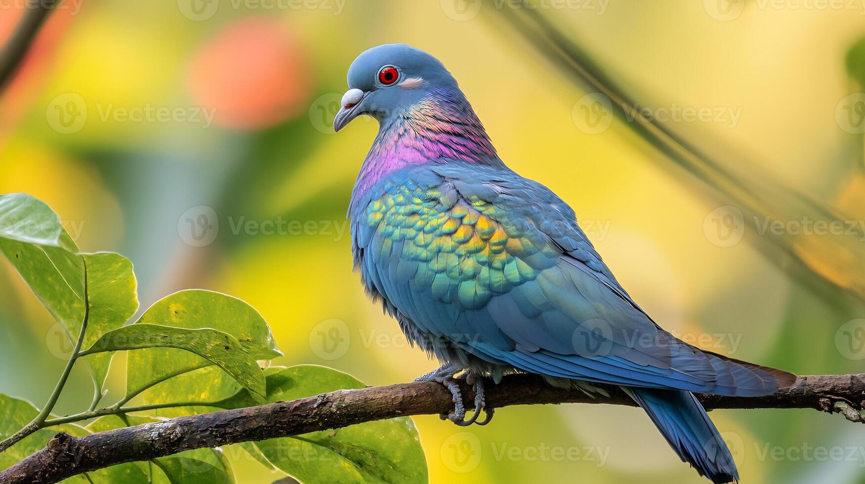 Nicobar Pigeon Caloenas nicobarica phylum Chordata class Aves order Columbiformes family Columbidae perched a rainforest branch its iridescent feathers shimmering under dappled sunlight photo
