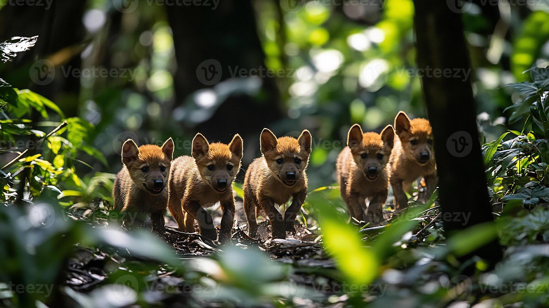 Bush Dogs Speothos venaticus phylum Chordata class Mammalia order Carnivora family Canidae playing a dense forest clearing their dark coats sharply contrasted against the greenery photo