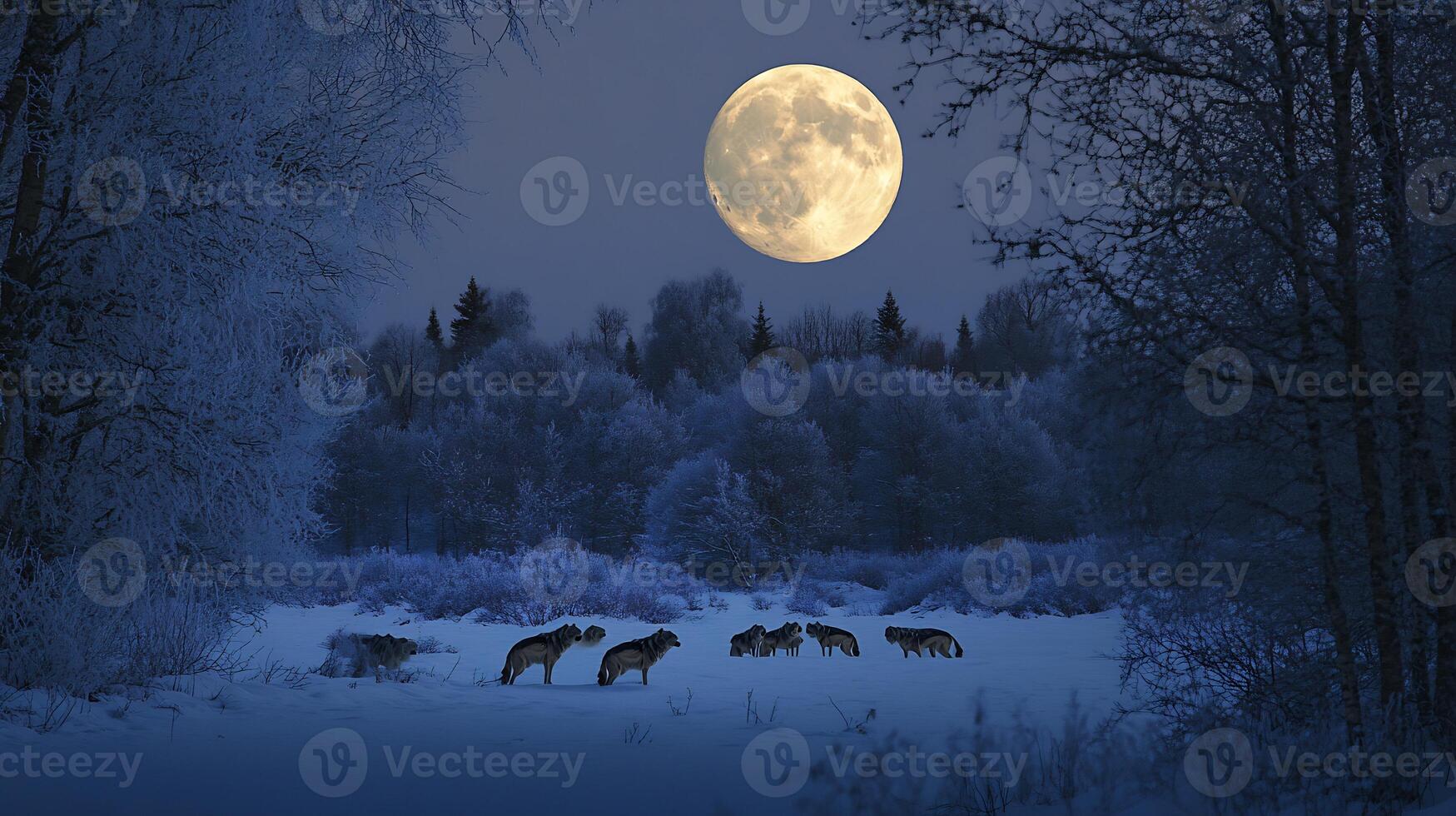 Wolves Canis lupus family Canidae silhouetted against full moon in a snowy forest their howls echoing through the night representing predator dynamics and wilderness habitats photo
